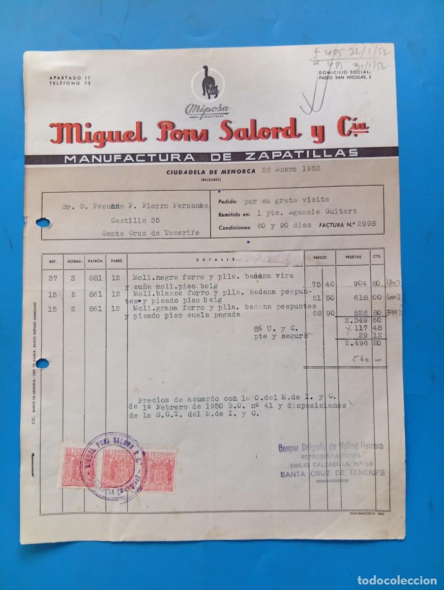 Facturas antiguas: FACTURA. CIUDADELA DE MENORCA. 1952. MANUFACTURA DE ZAPATILLAS. MIGUEL PONS SALORD Y C&ordf;.