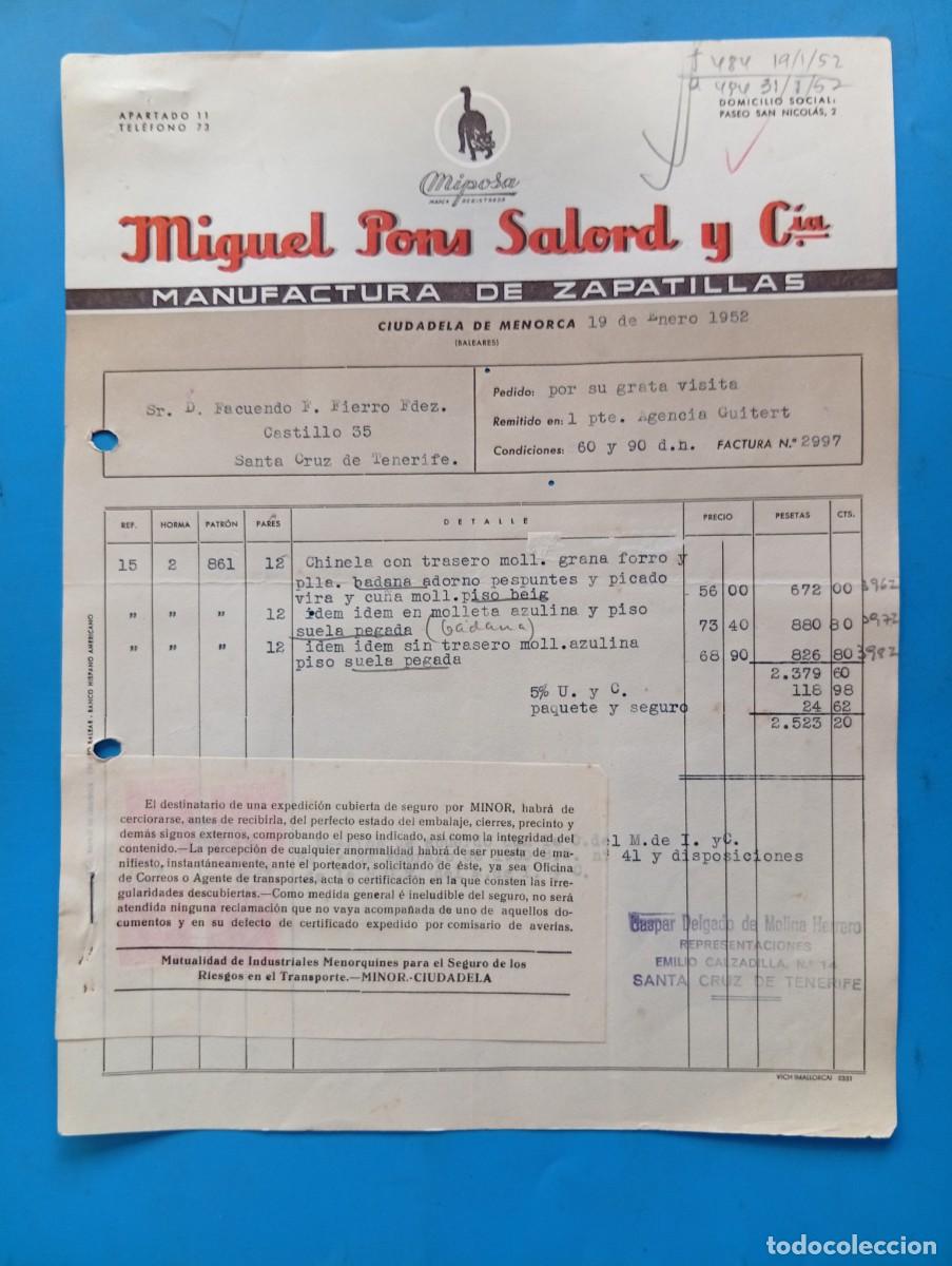 Facturas antiguas: FACTURA. CIUDADELA DE MENORCA. 1952. MANUFACTURA DE ZAPATILLAS. MIGUEL PONS SALORD Y C&ordf;.
