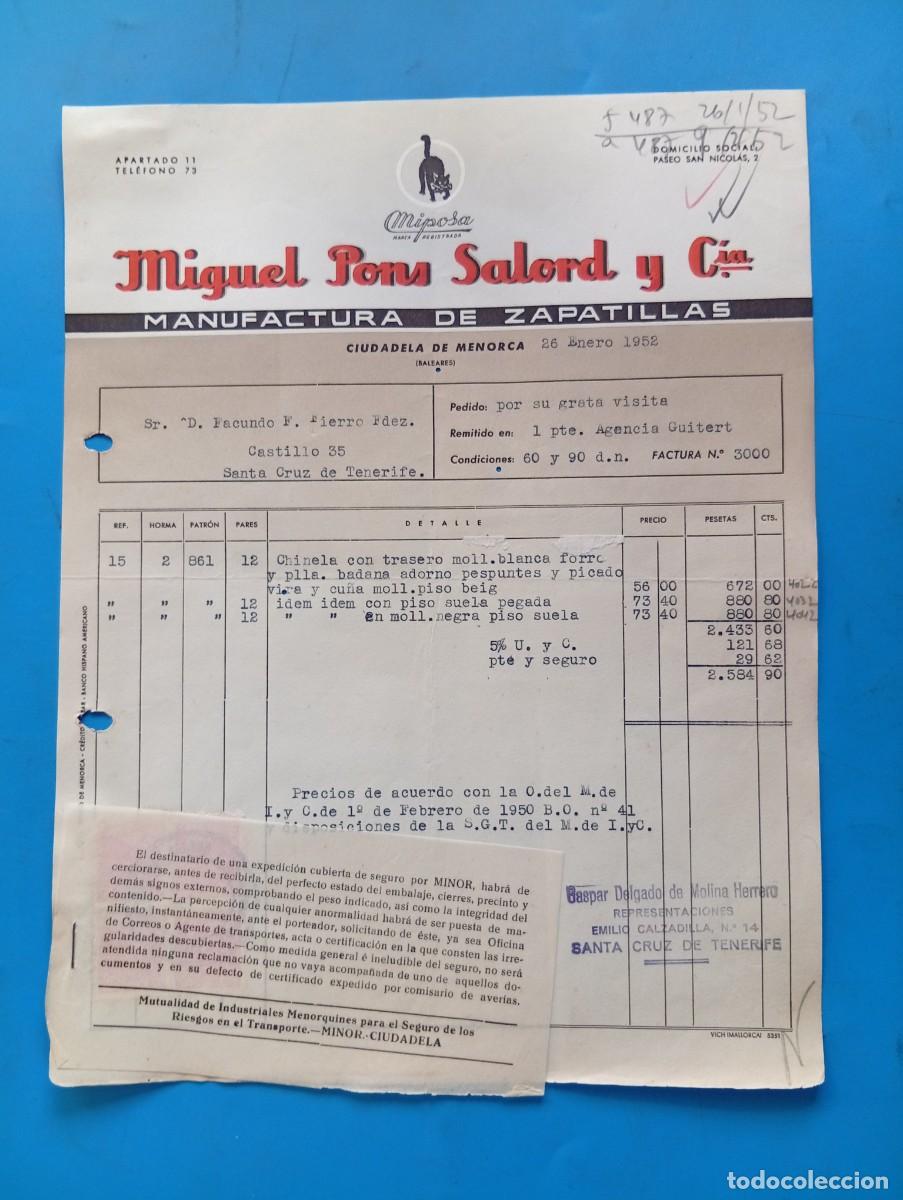 Facturas antiguas: FACTURA. CIUDADELA DE MENORCA. 1952. MANUFACTURA DE ZAPATILLAS. MIGUEL PONS SALORD Y C&ordf;.