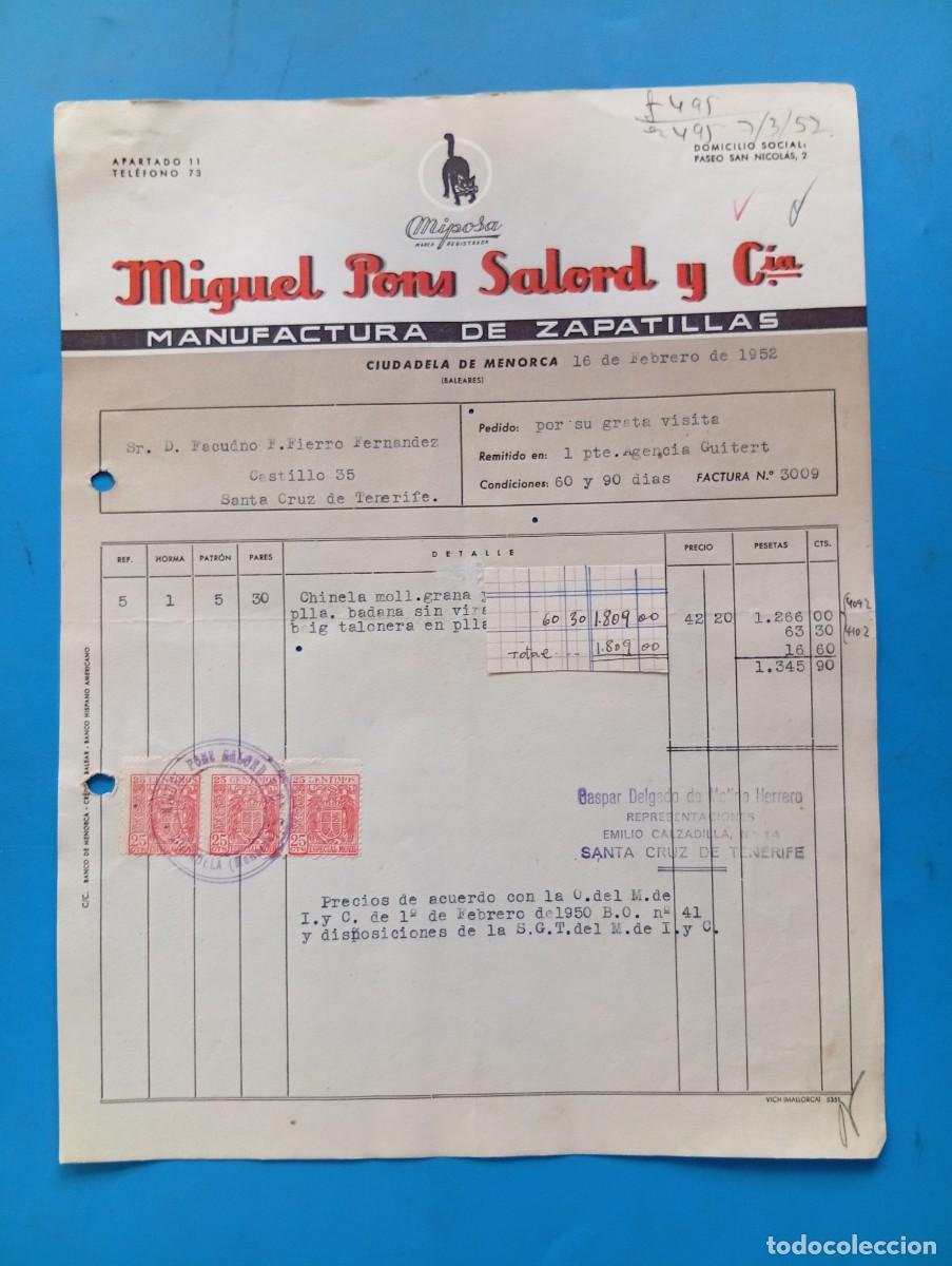 Facturas antiguas: FACTURA. CIUDADELA DE MENORCA. 1952. MANUFACTURA DE ZAPATILLAS. MIGUEL PONS SALORD Y C&ordf;.