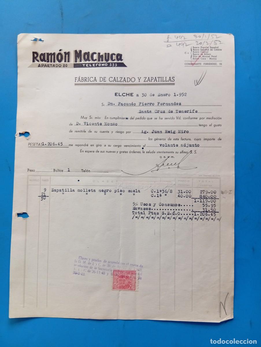 Facturas antiguas: FACTURA. ELCHE, ALICANTE. 1952. FABRICA DE CALZADO Y ZAPATILLAS. RAMON MACHUCA.