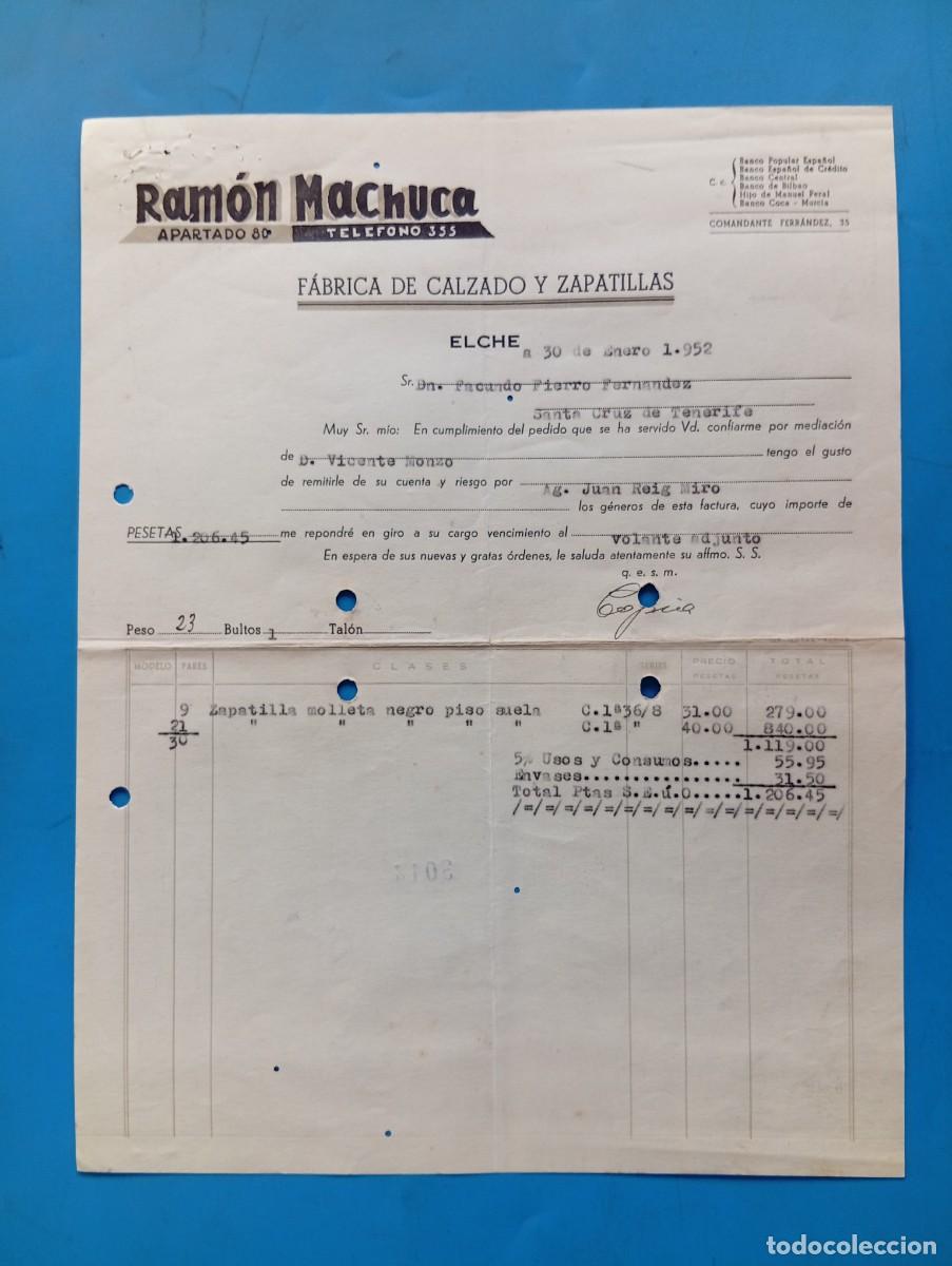 Facturas antiguas: FACTURA. ELCHE, ALICANTE. 1952. FABRICA DE CALZADO Y ZAPATILLAS. RAMON MACHUCA.