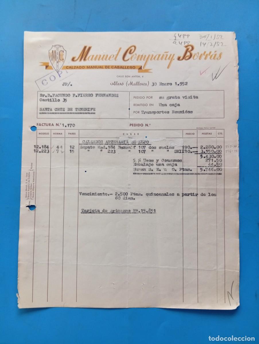 Facturas antiguas: FACTURA. ALAR&Oacute;, MALLORCA. 1952. CALZADO MANUAL DE CABALLERO. MANUEL COMPA&Ntilde;Y BORR&Aacute;S.