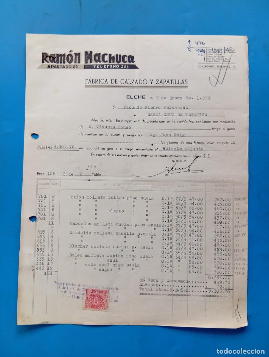 Facturas antiguas: FACTURA. ELCHE, ALICANTE. 1952. FABRICA DE CALZADO Y ZAPATILLAS. RAMON MACHUCA.