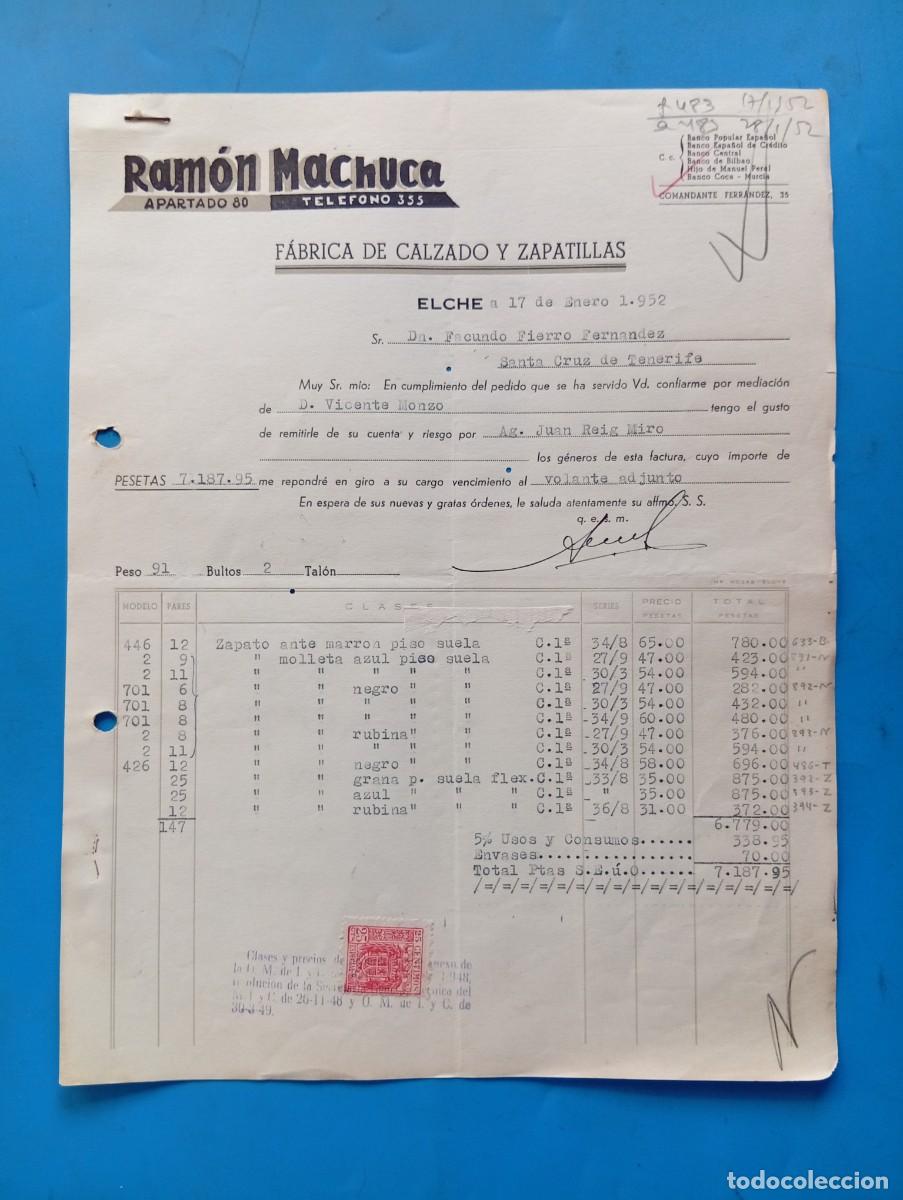 Facturas antiguas: FACTURA. ELCHE, ALICANTE. 1952. FABRICA DE CALZADO Y ZAPATILLAS. RAMON MACHUCA.