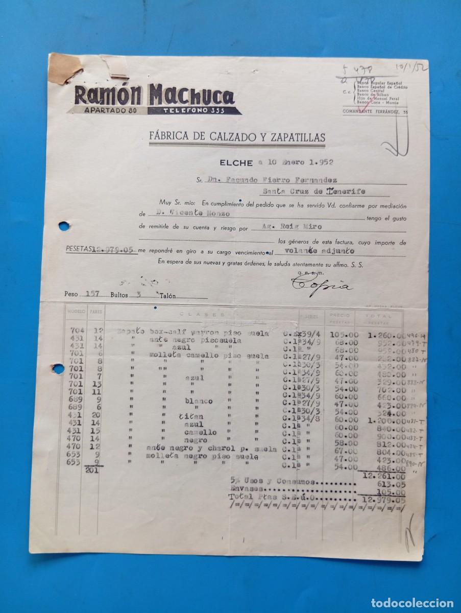 Facturas antiguas: FACTURA. ELCHE, ALICANTE. 1952. FABRICA DE CALZADO Y ZAPATILLAS. RAMON MACHUCA.