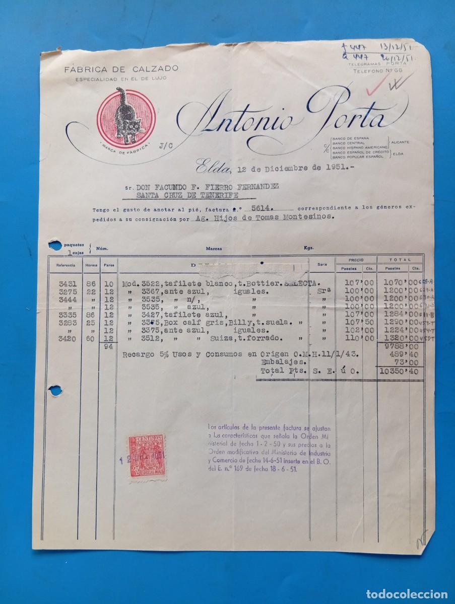 Facturas antiguas: FACTURA. ELDA, ALICANTE. 1951. FABRICA DE CALZADO. ANTONIO PORTA.