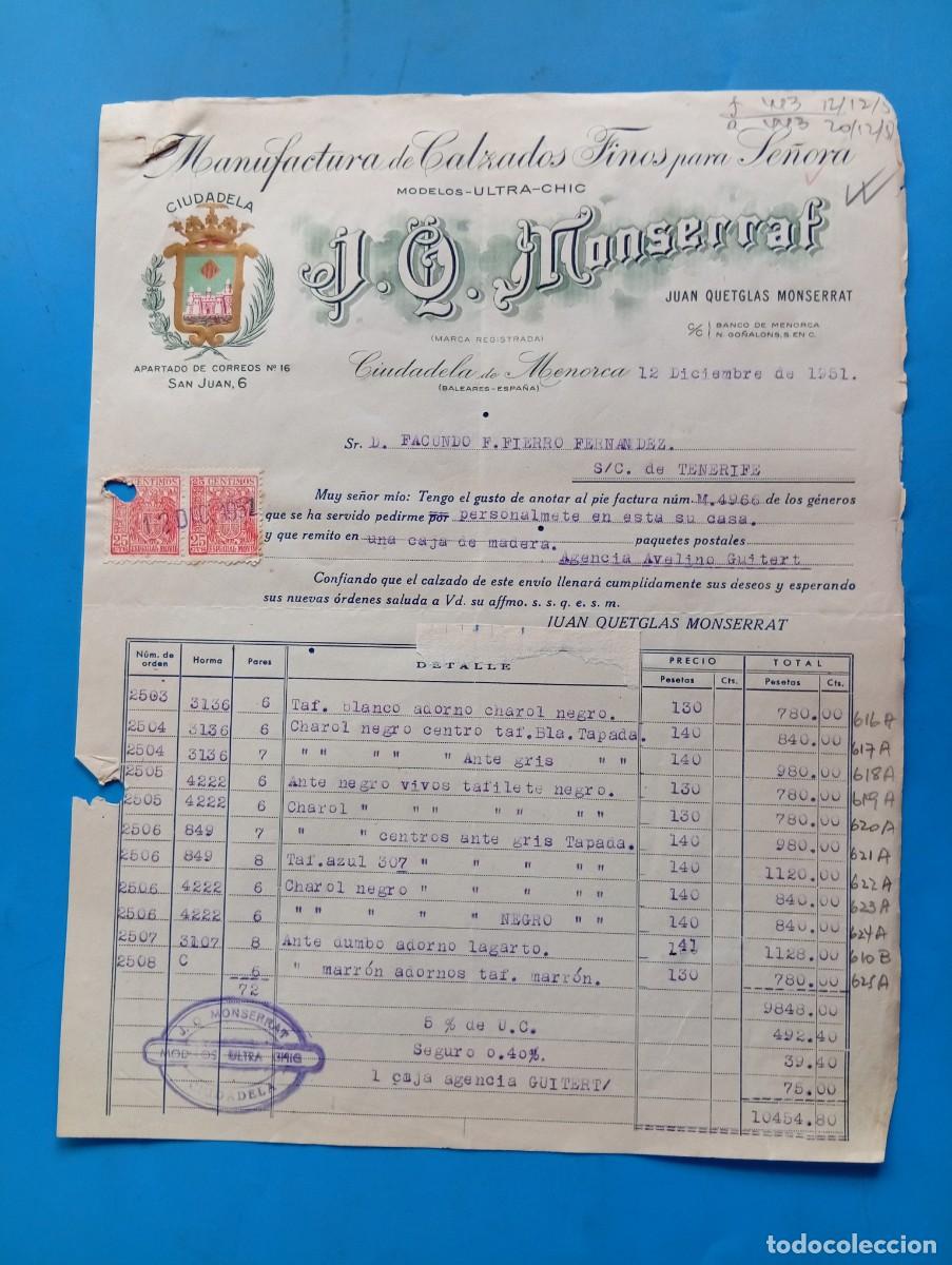 Facturas antiguas: FACTURA. CIUDADELA DE MENORCA. 1951. MANUFACTURA DE CALZADOS FINOS PARA SE&Ntilde;ORA. J. Q. MONSERRAT.