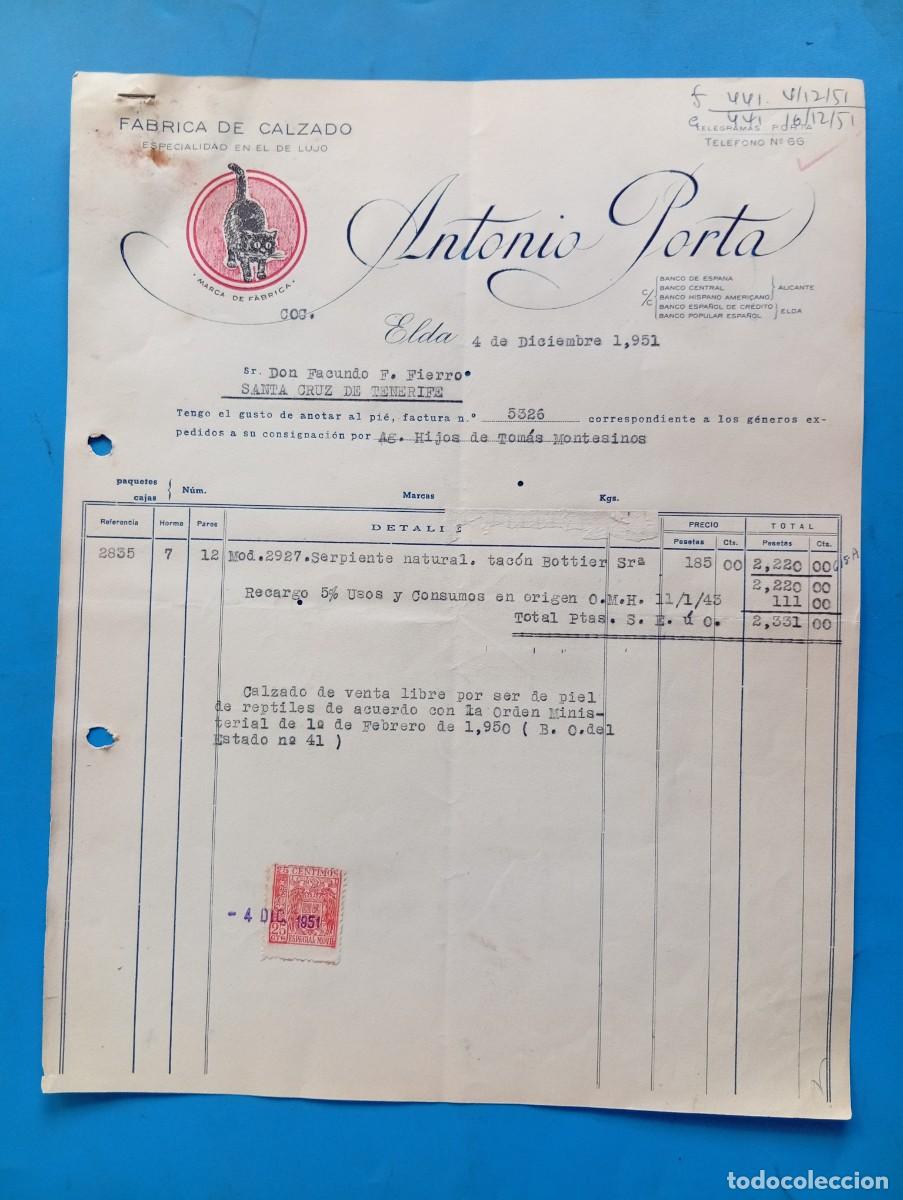 Facturas antiguas: FACTURA. ELDA, ALICANTE. 1951. FABRICA DE CALZADO. ANTONIO PORTA.