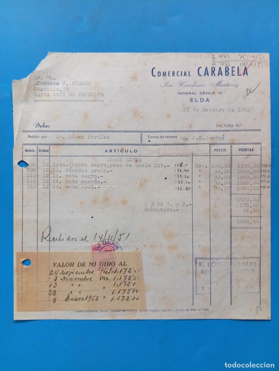 Facturas antiguas: FACTURA. ELDA, ALICANTE. 1951. COMERCIAL CARABELA. JOSE CARCHANO MARTINEZ.