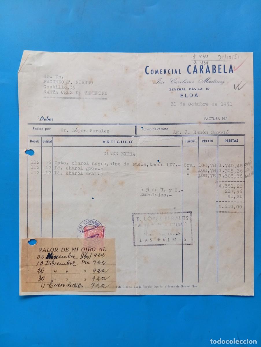 Facturas antiguas: FACTURA. ELDA, ALICANTE. 1951. COMERCIAL CARABELA. JOSE CARCHANO MARTINEZ.