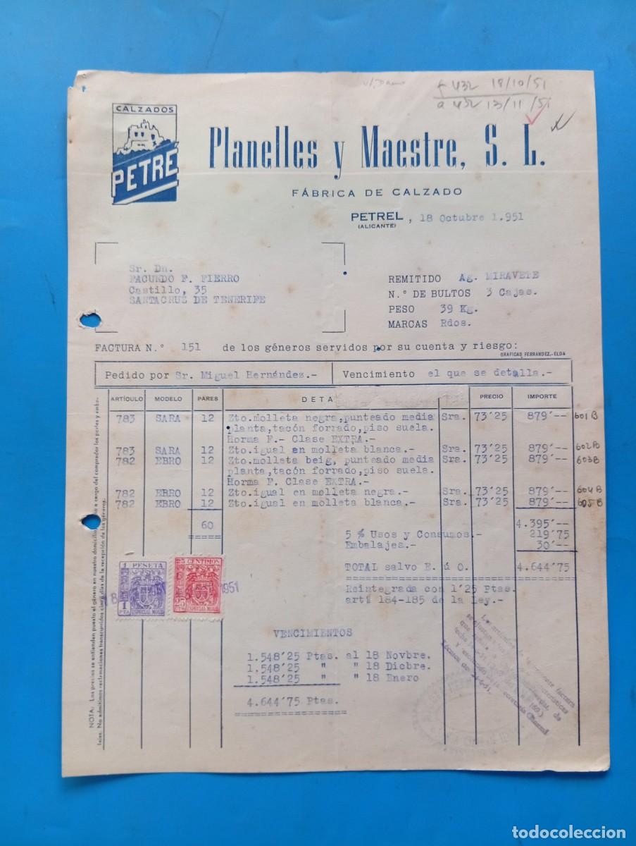 Facturas antiguas: FACTURA. PETREL, ALICANTE. 1951. FABRICA DE CALZADO. PANELLES Y MAESTRE, S.L. CALZADOS PETRE.