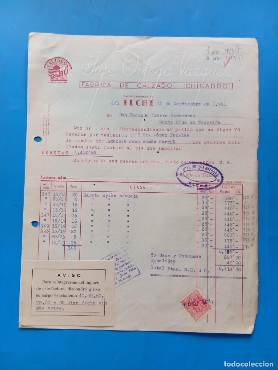 Facturas antiguas: FACTURA. ELCHE, ALICANTE. 1951. FABRICA DE CALZADO ( CHICHARRO). JOSE ORTEGA VAZQUEZ. CALZADOS TABU.