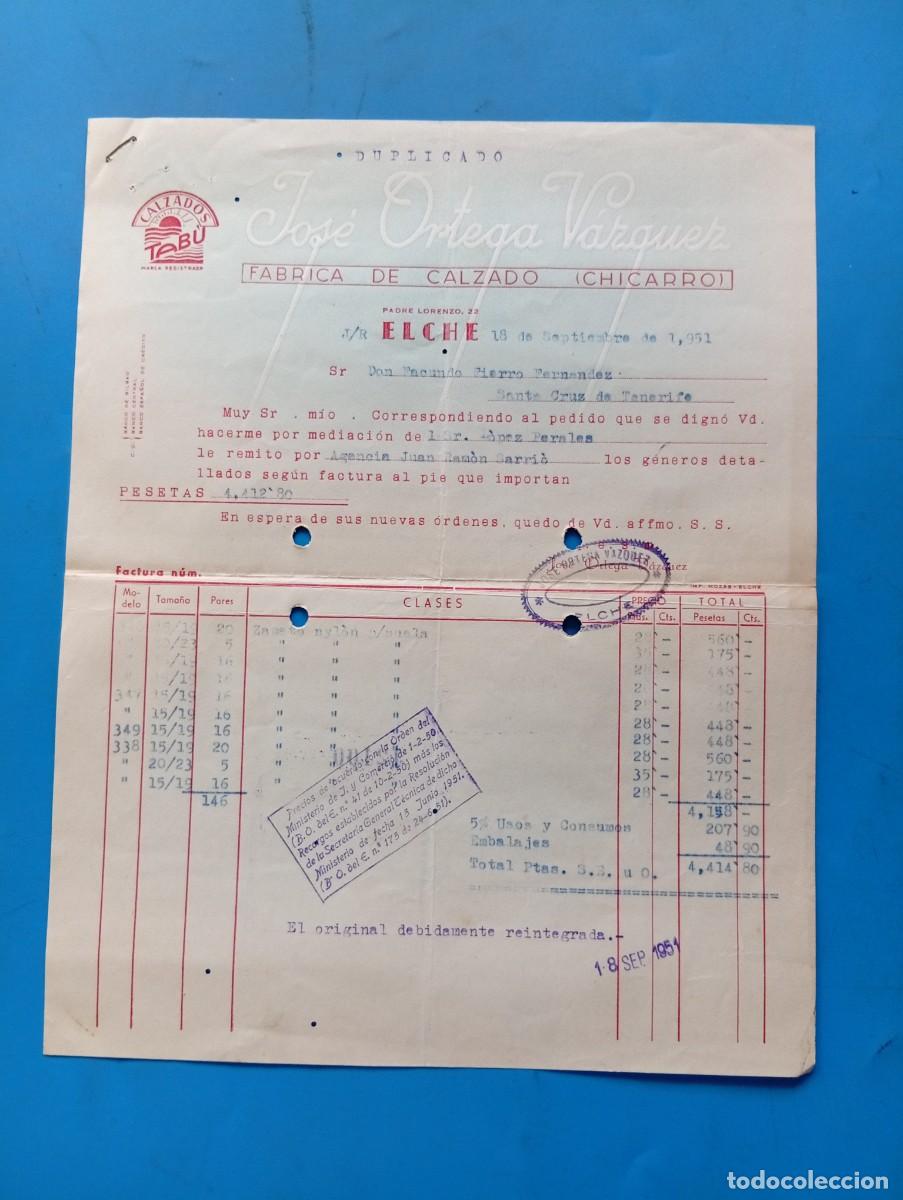 Facturas antiguas: FACTURA. ELCHE, ALICANTE. 1951. FABRICA DE CALZADO ( CHICHARRO). JOSE ORTEGA VAZQUEZ. CALZADOS TABU.
