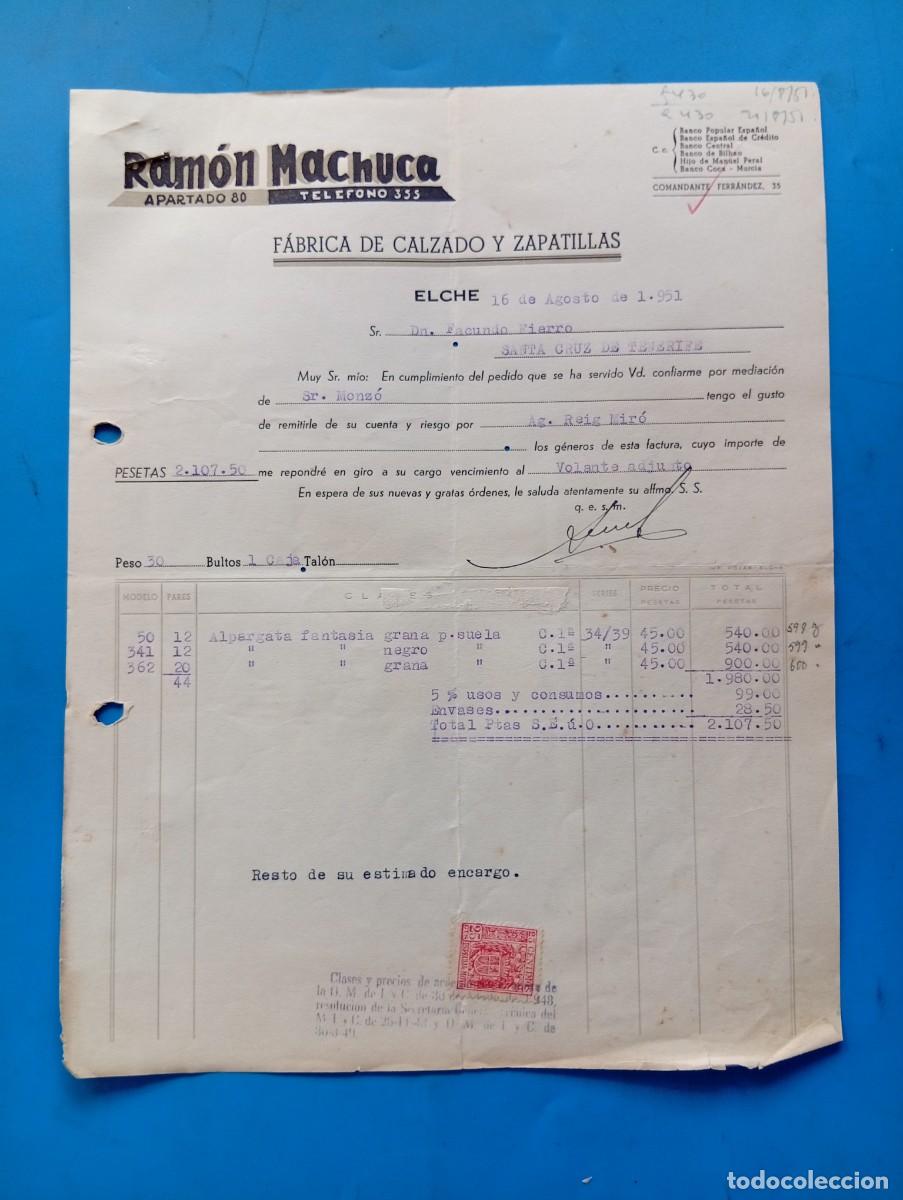 Facturas antiguas: FACTURA. ELCHE, ALICANTE. 1951. FABRICA DE CALZADO Y ZAPATILLAS. RAMON MACHUCA.