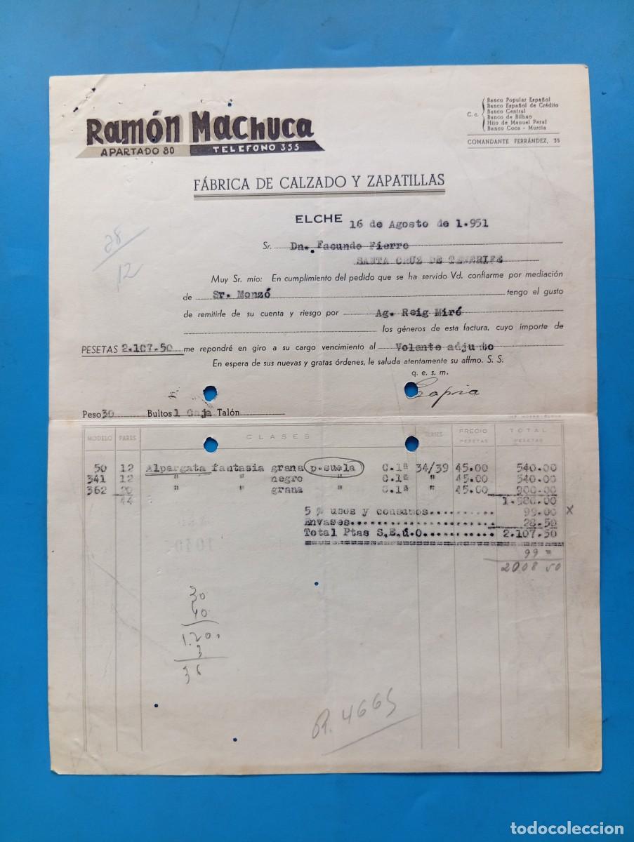 Facturas antiguas: FACTURA. ELCHE, ALICANTE. 1951. FABRICA DE CALZADO Y ZAPATILLAS. RAMON MACHUCA.