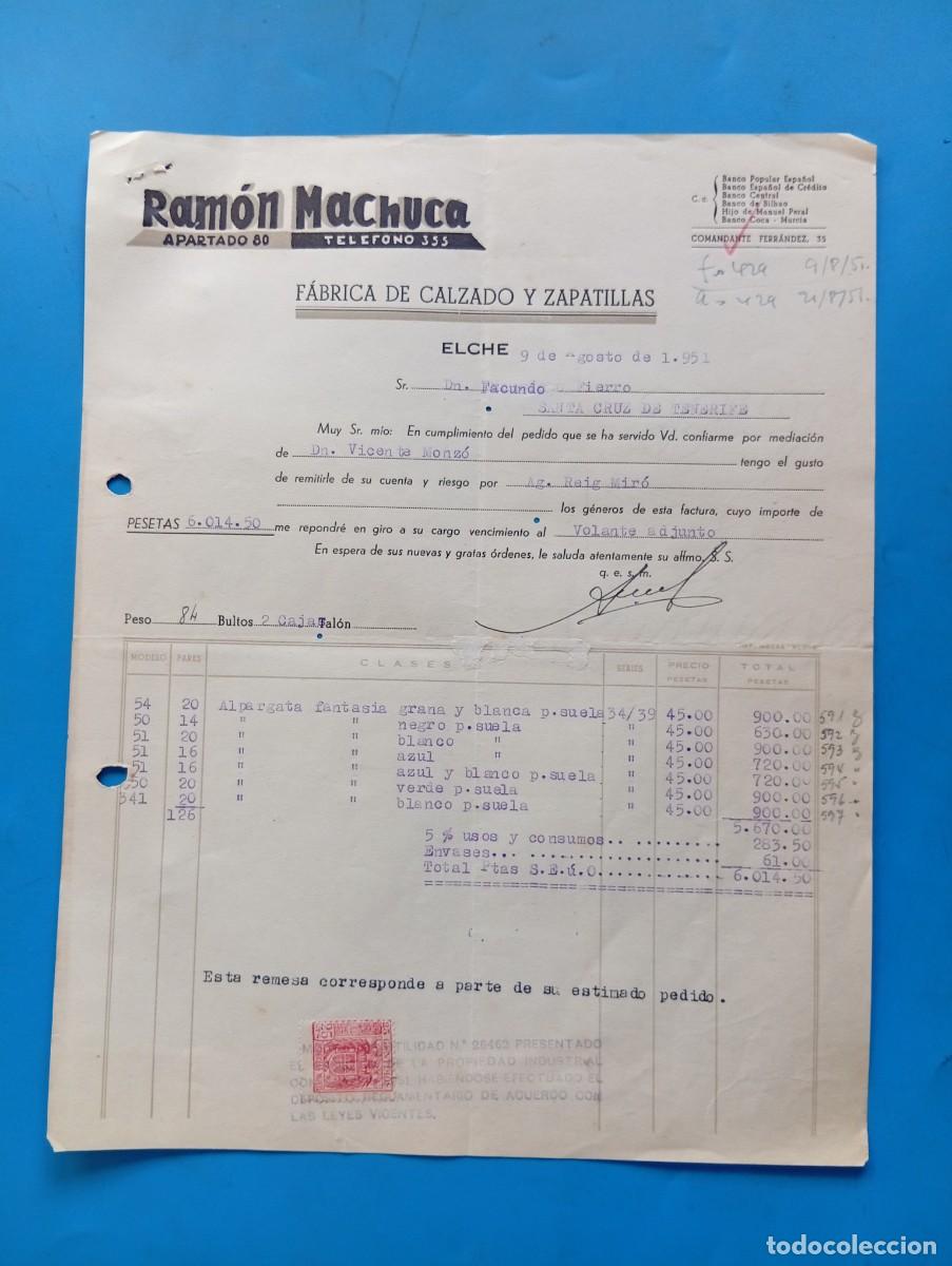 Facturas antiguas: FACTURA. ELCHE, ALICANTE. 1951. FABRICA DE CALZADO Y ZAPATILLAS. RAMON MACHUCA.