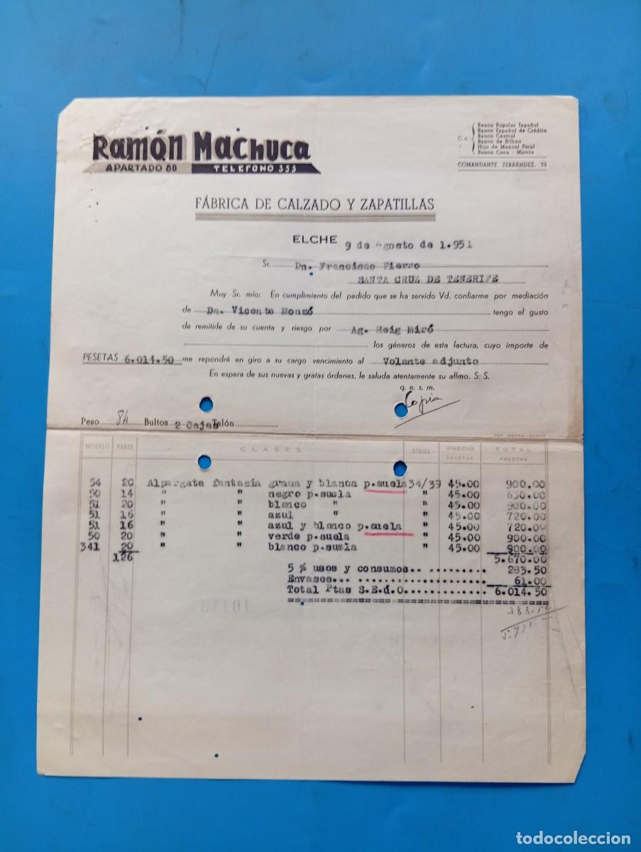 Facturas antiguas: FACTURA. ELCHE, ALICANTE. 1951. FABRICA DE CALZADO Y ZAPATILLAS. RAMON MACHUCA.