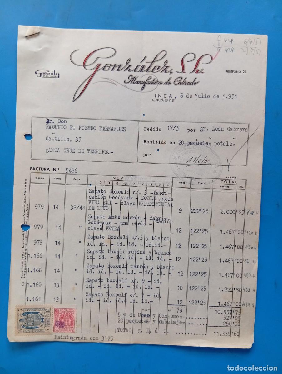 Facturas antiguas: FACTURA. INCA, MALLORCA. 1951. MANUFACTURA DE CALZADO. GONZALEZ S.L.