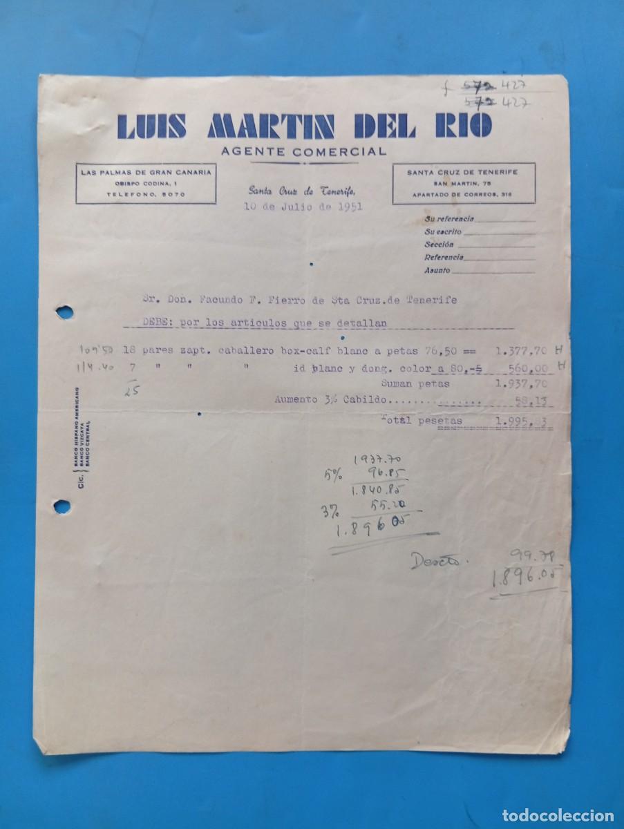 Facturas antiguas: FACTURA. SANTA CRUZ DE TENERIFE. 1951. LUIS MARTIN DEL RIO. AGENTE COMERCIAL.