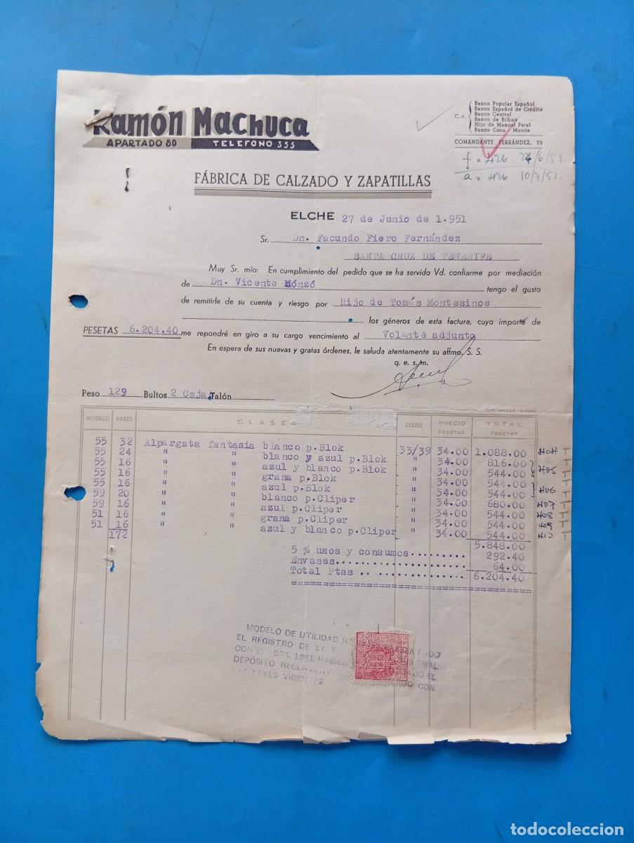 Facturas antiguas: FACTURA. ELCHE, ALICANTE. 1951. FABRICA DE CALZADO Y ZAPATILLAS. RAMON MACHUCA.