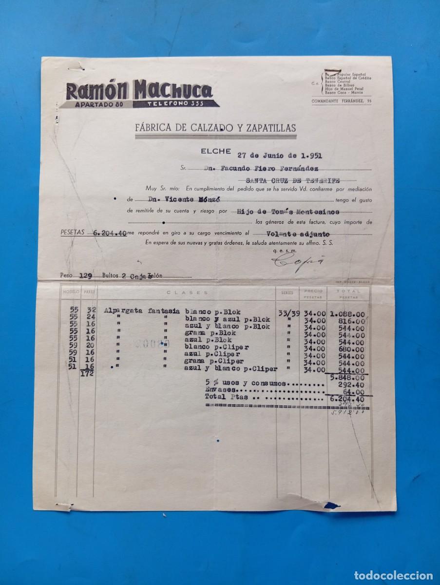 Facturas antiguas: FACTURA. ELCHE, ALICANTE. 1951. FABRICA DE CALZADO Y ZAPATILLAS. RAMON MACHUCA.