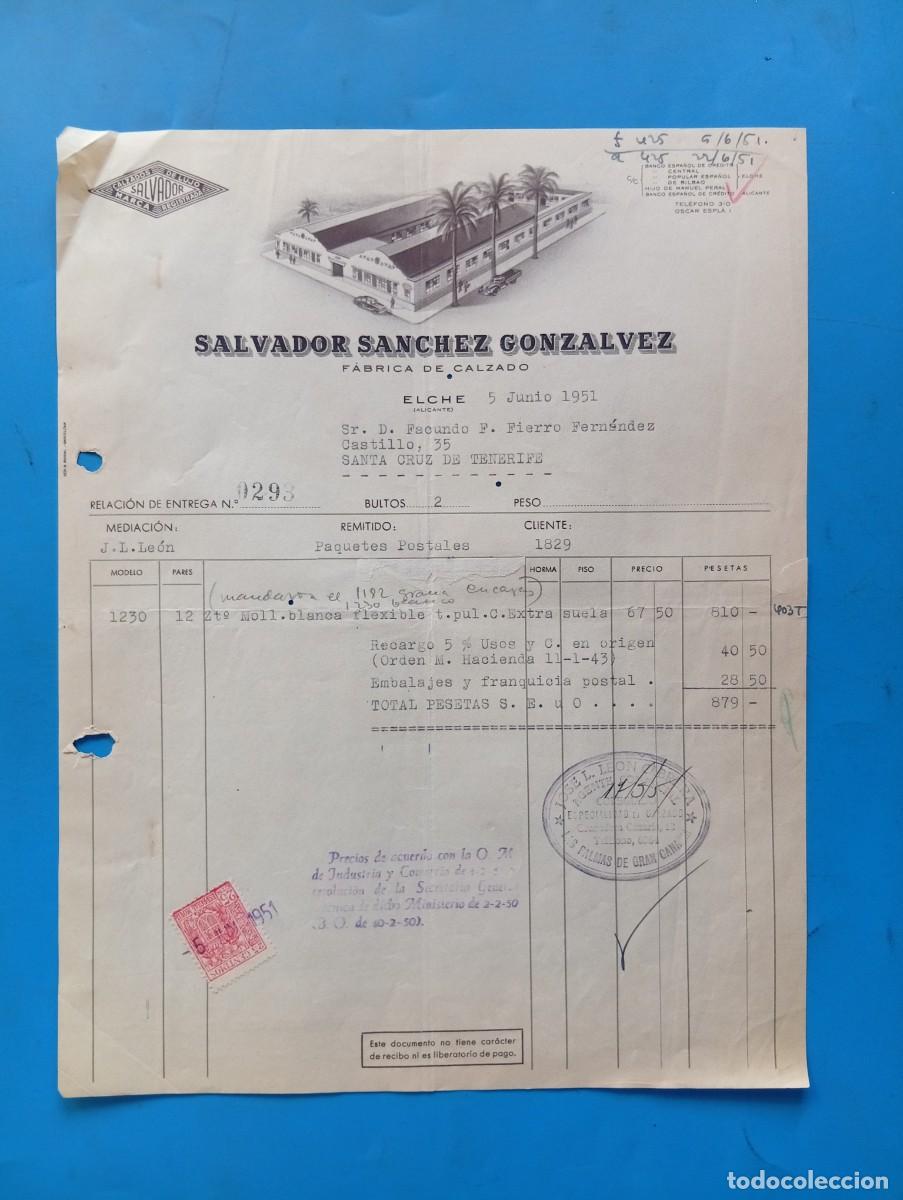 Facturas antiguas: FACTURA. ELCHE, ALICANTE. 1951. FABRICA DE CALZADO. SALVADOR SANCHEZ GONZALVEZ.