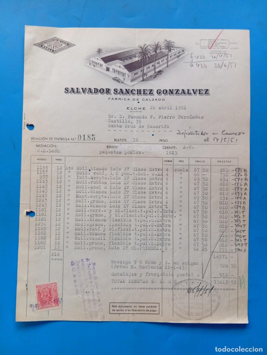 Facturas antiguas: FACTURA. ELCHE, ALICANTE. 1951. FABRICA DE CALZADO. SALVADOR SANCHEZ GONZALVEZ.