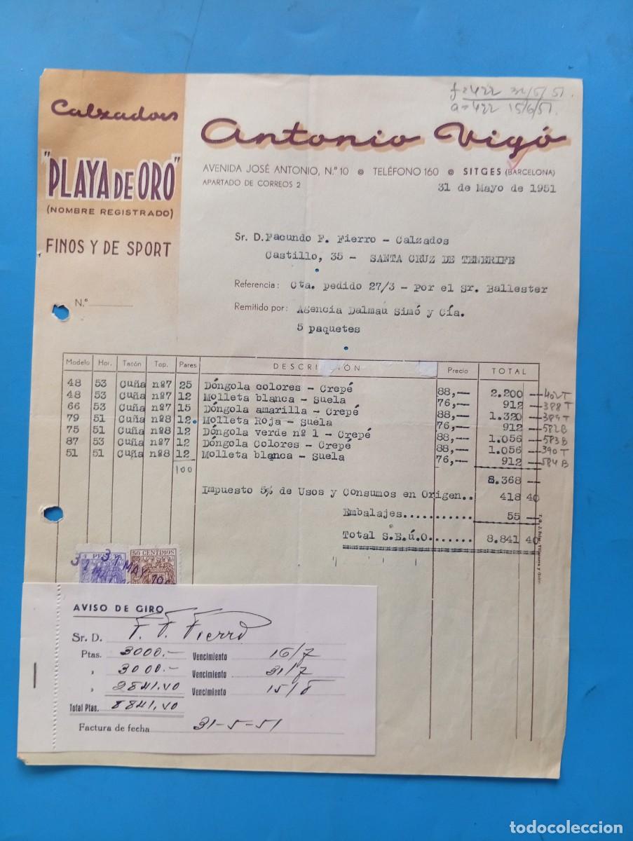 Facturas antiguas: FACTURA. SITGES, BARCELONA. 1951. CALZADOS &rdquo;PLAYA DE ORO&rdquo;. FINOS Y DE SPORT. ANTONIO VIGO.