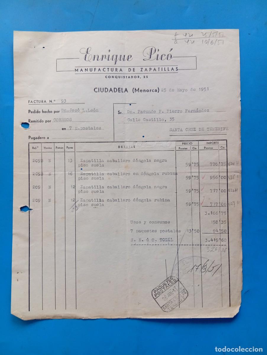 Facturas antiguas: FACTURA. CIUDADELA DE MENORCA. 1951. MANUFACTURA DE ZAPATILLAS. ENRIQUE PICO.