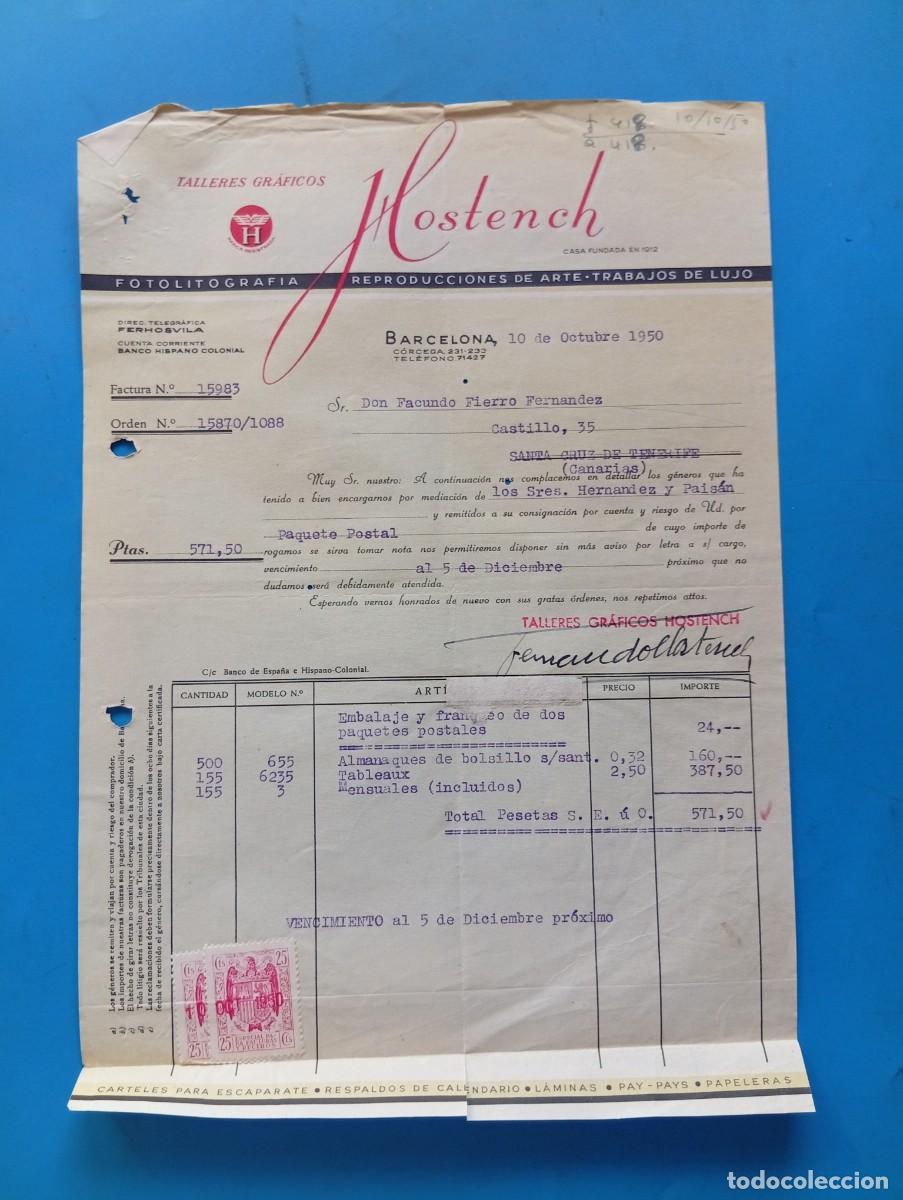 Facturas antiguas: FACTURA. BARCELONA. 1950. TALLERES GRAFICOS. FOTOLITOGRAFIA. HOSTENCH.