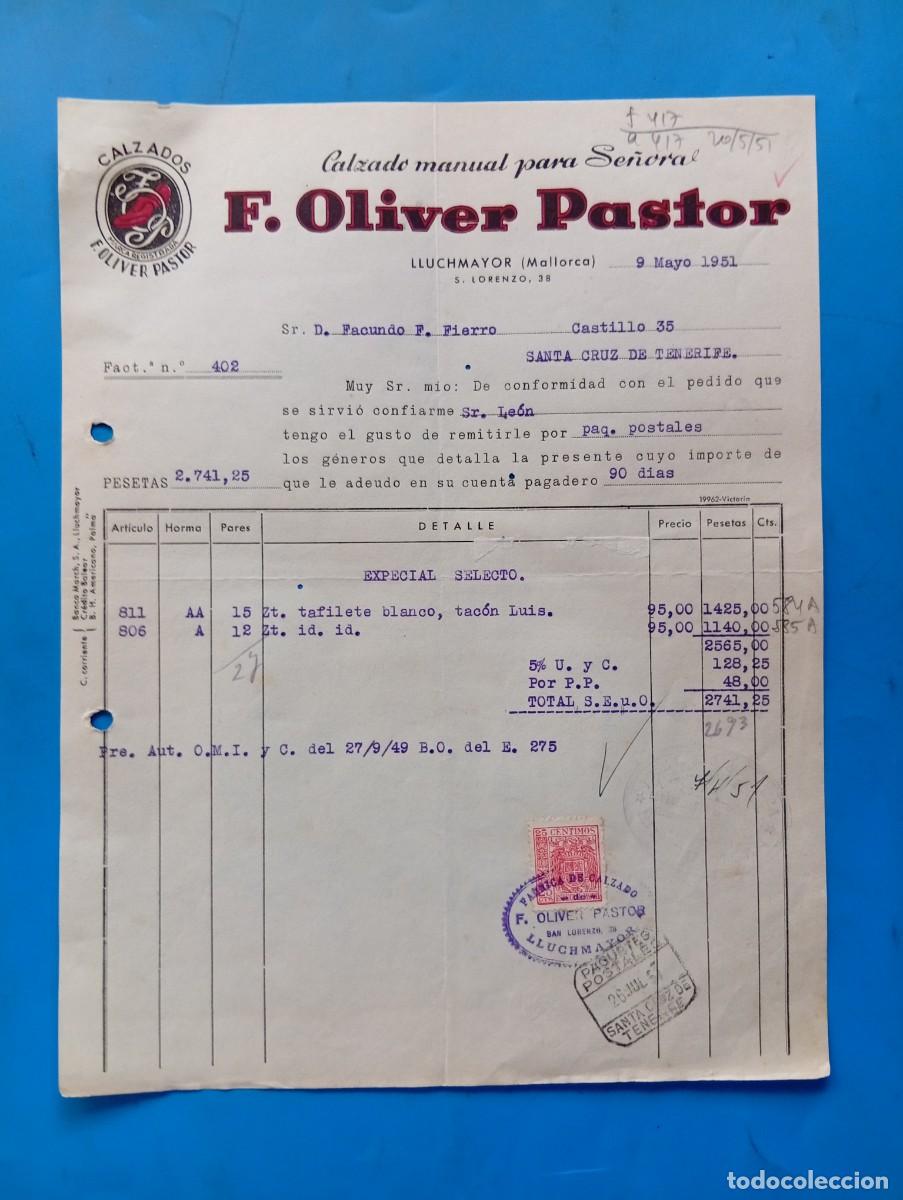 Facturas antiguas: FACTURA. LLUCHMAYOR, MALLORCA. 1951. CALZADO MANUAL PARA SE&Ntilde;ORA. F. OLIVER PASTOR.