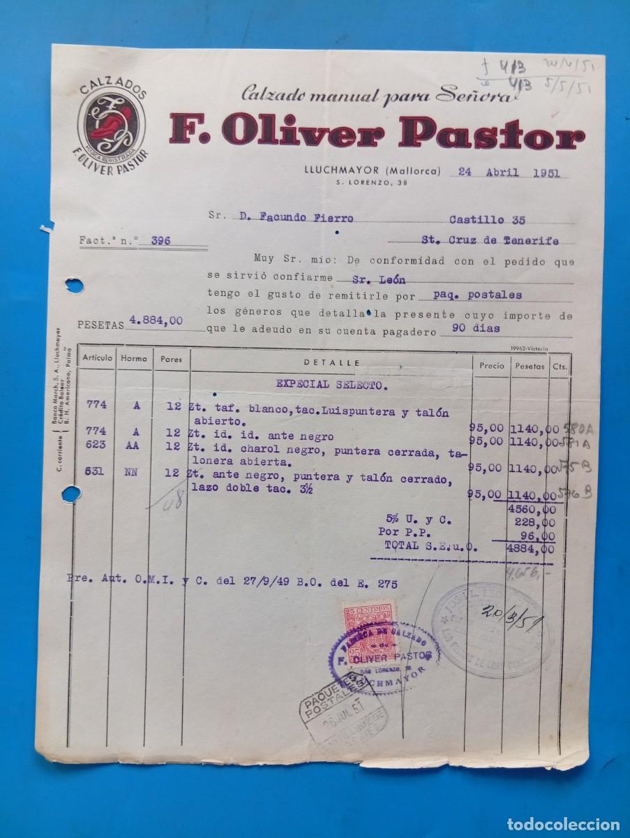 Facturas antiguas: FACTURA. LLUCHMAYOR, MALLORCA. 1951. CALZADO MANUAL PARA SE&Ntilde;ORA. F. OLIVER PASTOR.