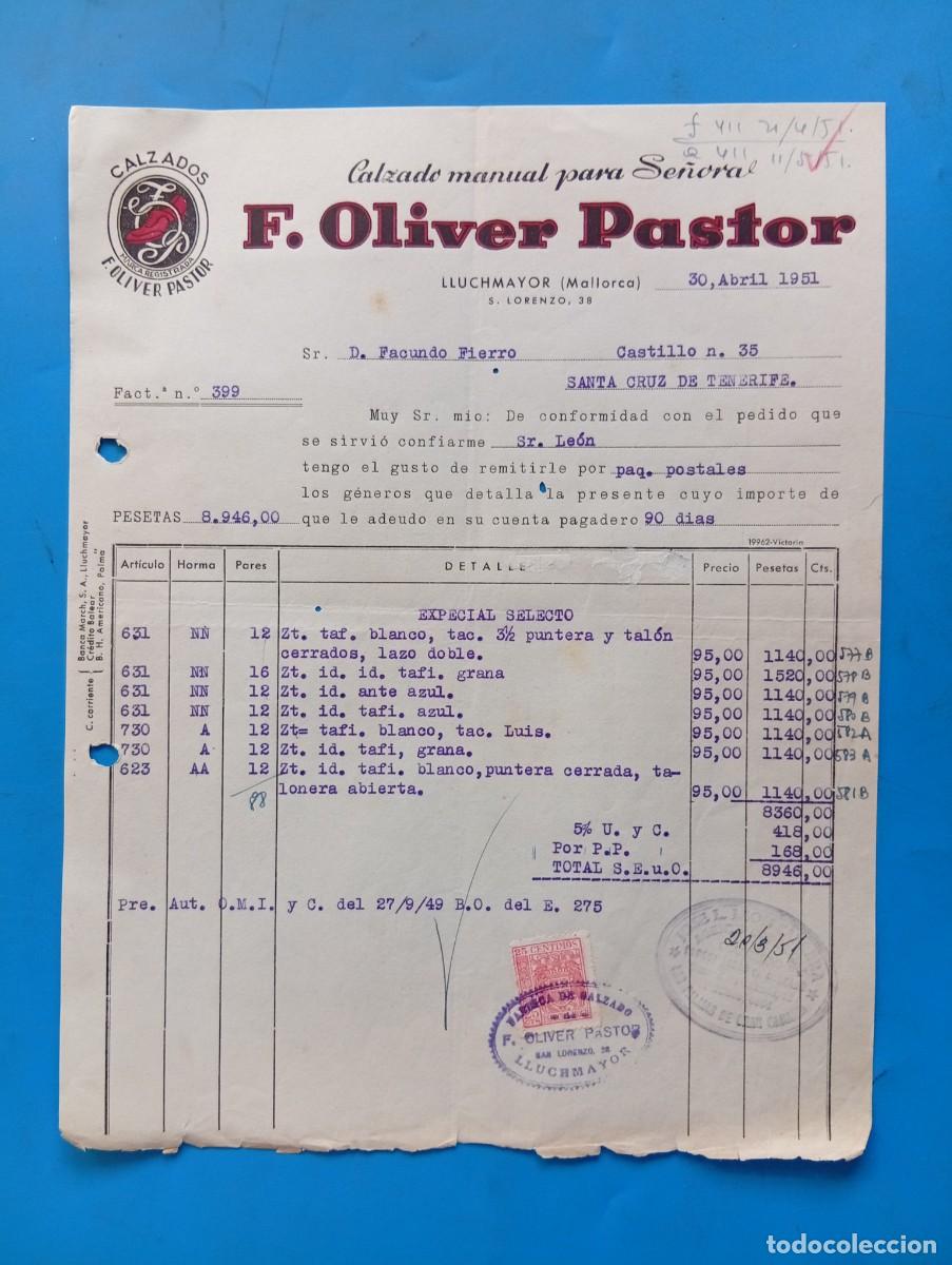 Facturas antiguas: FACTURA. LLUCHMAYOR, MALLORCA. 1951. CALZADO MANUAL PARA SE&Ntilde;ORA. F. OLIVER PASTOR.