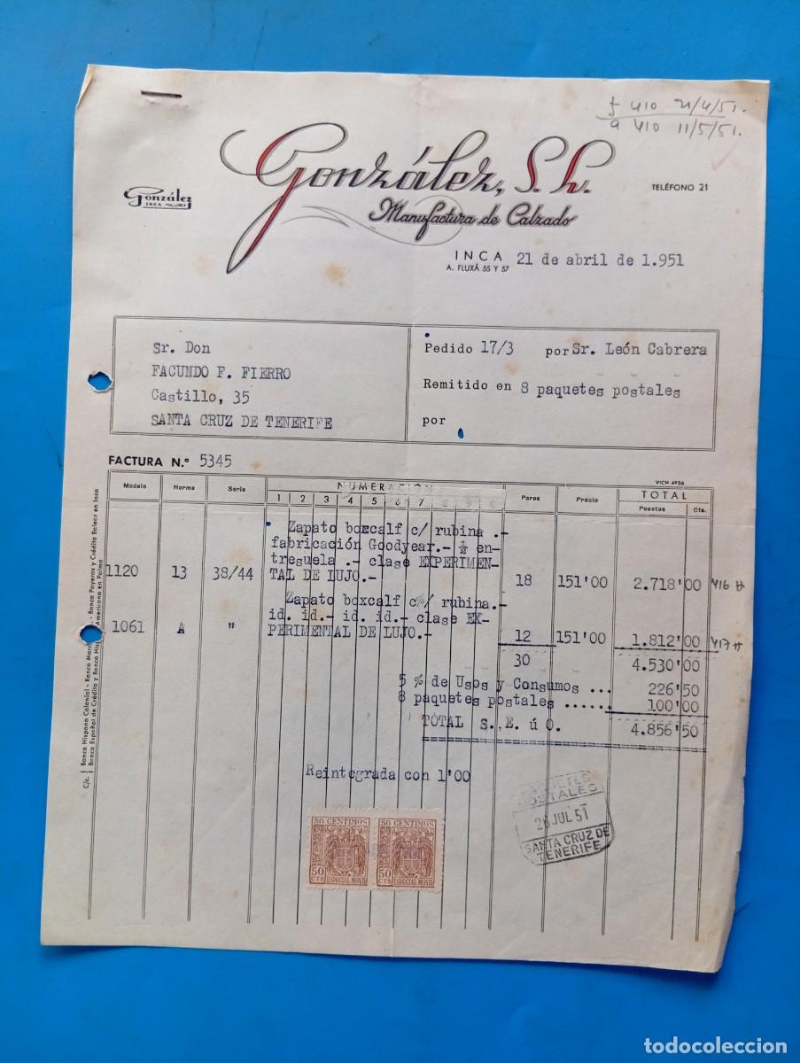 Facturas antiguas: FACTURA. INCA, MALLORCA. 1951. MANUFACTURA DE CALZADO. GONZALEZ S.L.