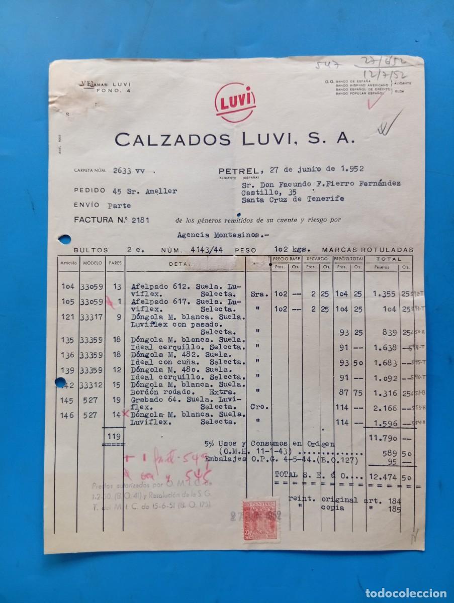 Facturas antiguas: FACTURA. PETREL, ALICANTE. 1952. LUVI. CALZADOS LUVI, S. A.