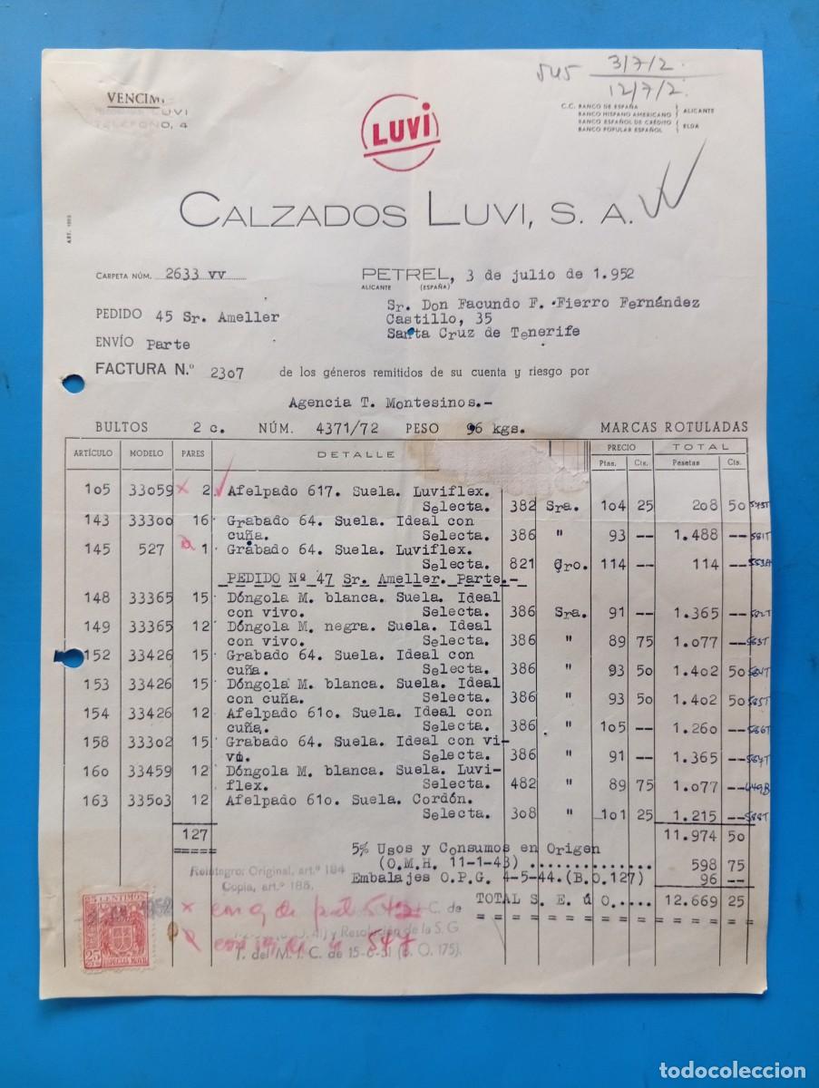 Facturas antiguas: FACTURA. PETREL, ALICANTE. 1952. LUVI. CALZADOS LUVI, S. A.