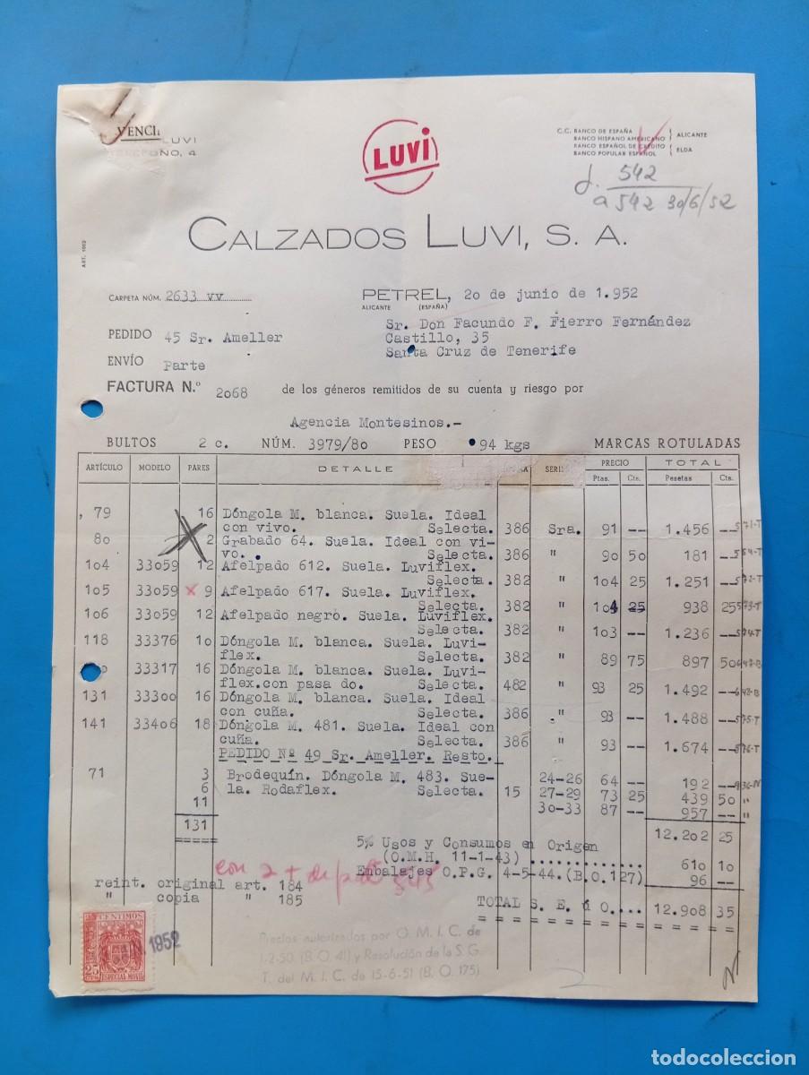 Facturas antiguas: FACTURA. PETREL, ALICANTE. 1952. LUVI. CALZADOS LUVI, S. A.