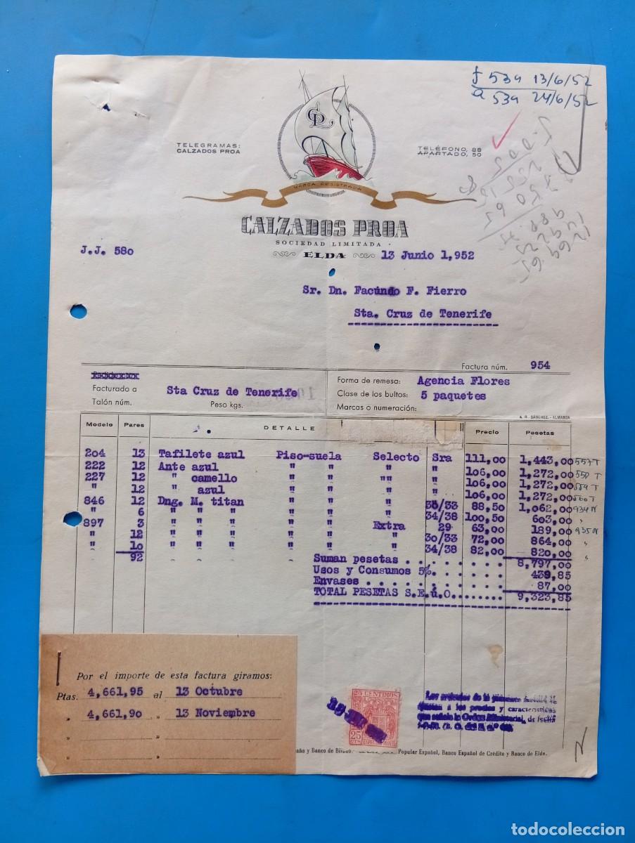 Facturas antiguas: FACTURA. ELDA, ALICANTE. 1952. CALZADOS PROA, S.L.