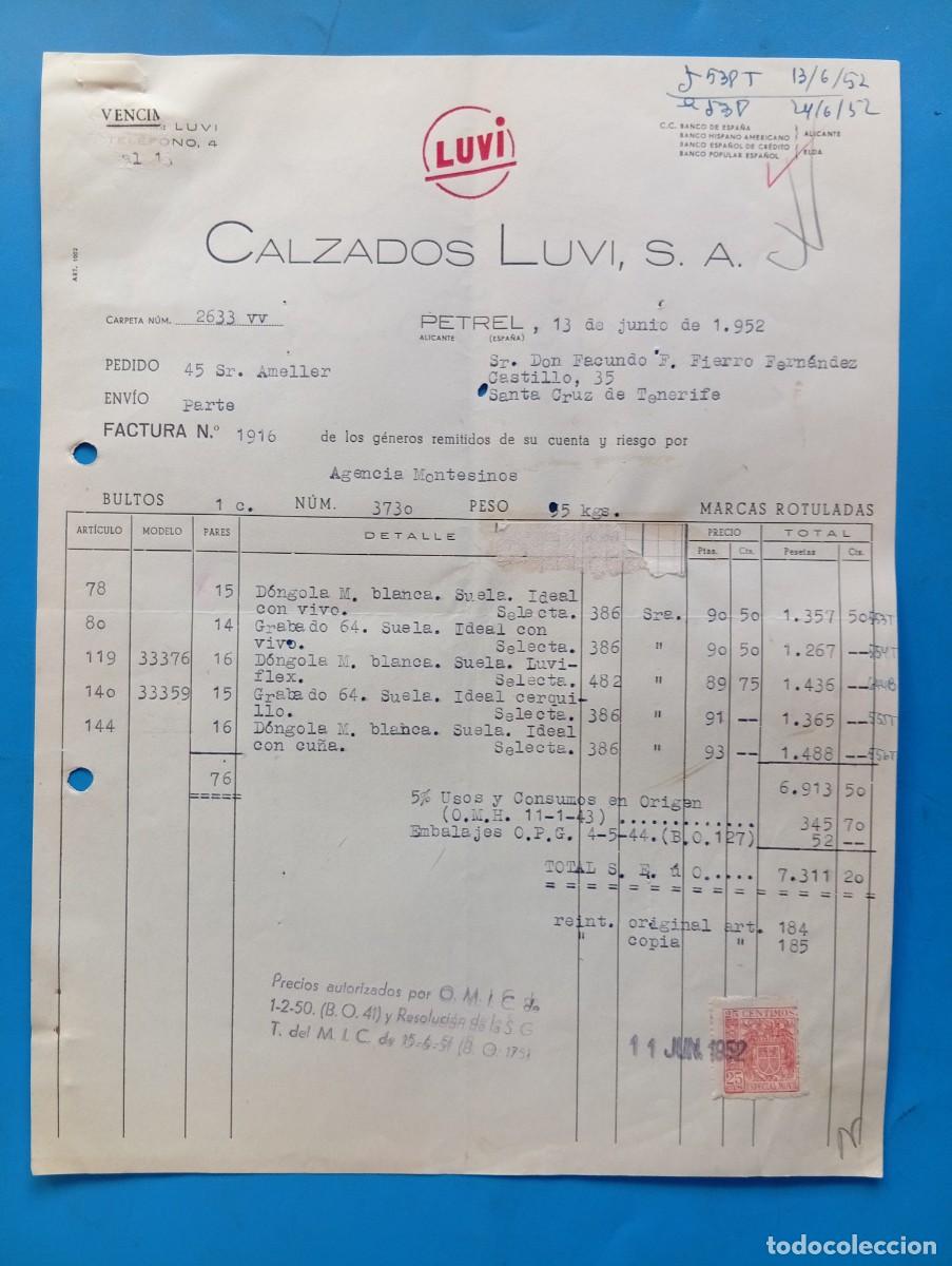 Facturas antiguas: FACTURA. PETREL, ALICANTE. 1952. LUVI. CALZADOS LUVI, S. A.