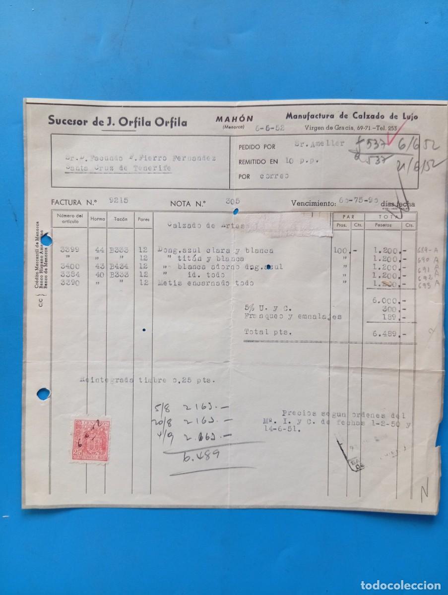 Facturas antiguas: FACTURA. MAHON, MALLORCA. 1952. MANUFACTURA DE CALZADO DE LUJO. SUCESOR DE J. ORFILA ORFILA.