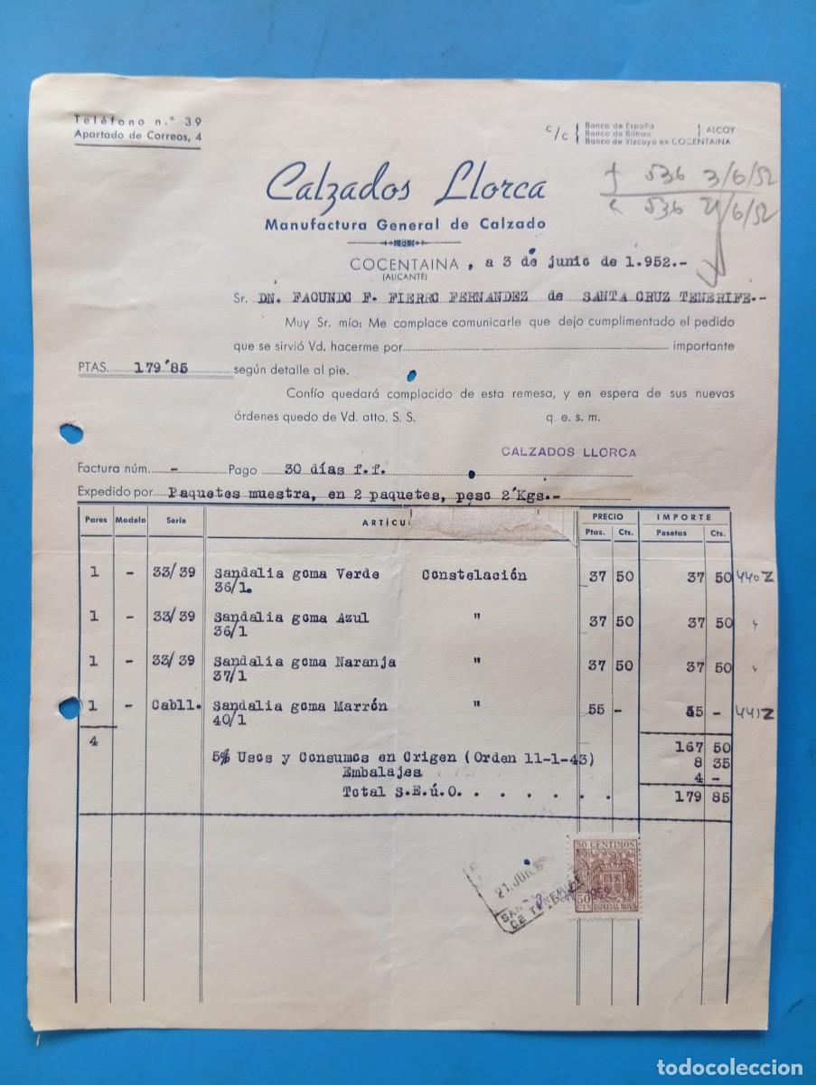 Facturas antiguas: FACTURA. COCENTAINA, ALICANTE. 1952. MANUFACTURA GENERAL DE CALZADO. CALZADOS LLORCA.