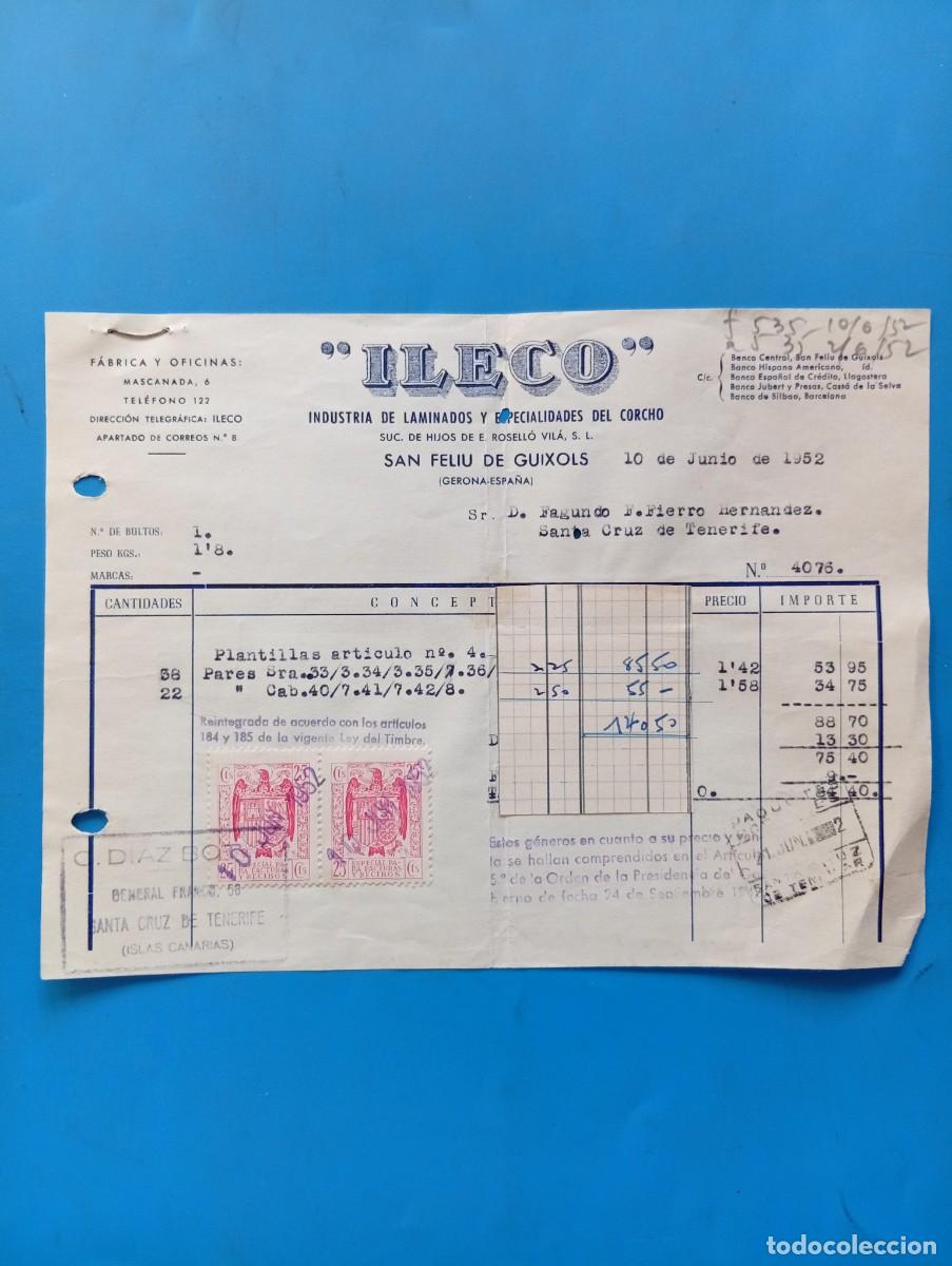 Facturas antiguas: FACTURA. SAN FELIU DE GUIXOLS, GERONA. 1952. ILECO. INDUSTRIAS DE LAMINADOS Y ESPECIALIDADES CORCHO.