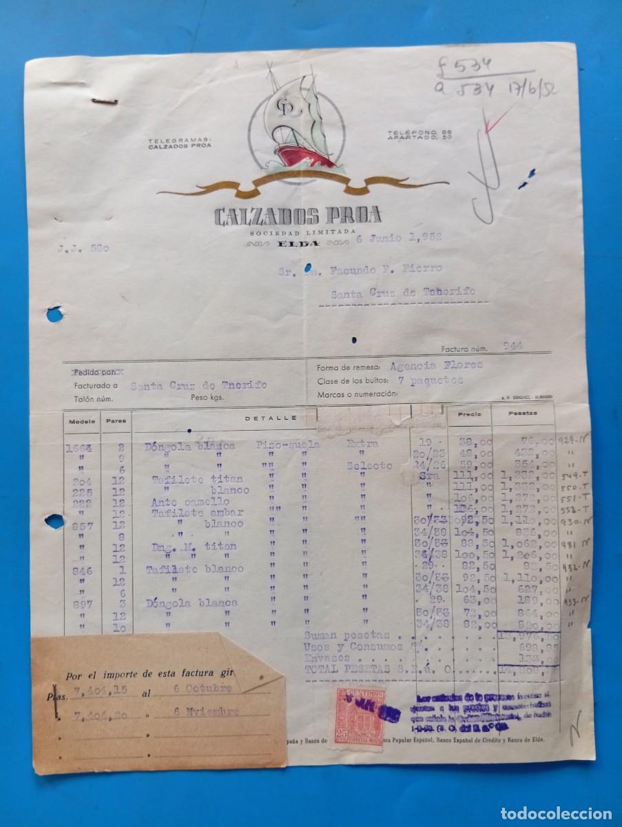 Facturas antiguas: FACTURA. ELDA, ALICANTE. 1952. CALZADOS PROA, S.L.