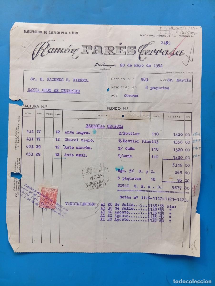 Facturas antiguas: FACTURA. LLUCHMAYOR, MALLORCA. 1952. MANUFACTURA DE CALZADO PARA SE&Ntilde;ORA. RAMON PAR&Eacute;S TERRASA.