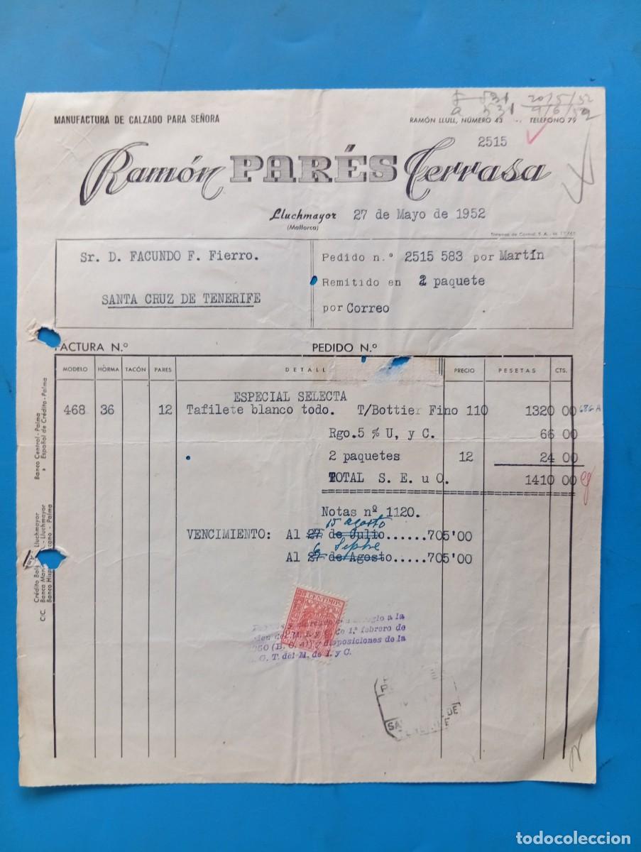 Facturas antiguas: FACTURA. LLUCHMAYOR, MALLORCA. 1952. MANUFACTURA DE CALZADO PARA SE&Ntilde;ORA. RAMON PAR&Eacute;S TERRASA.