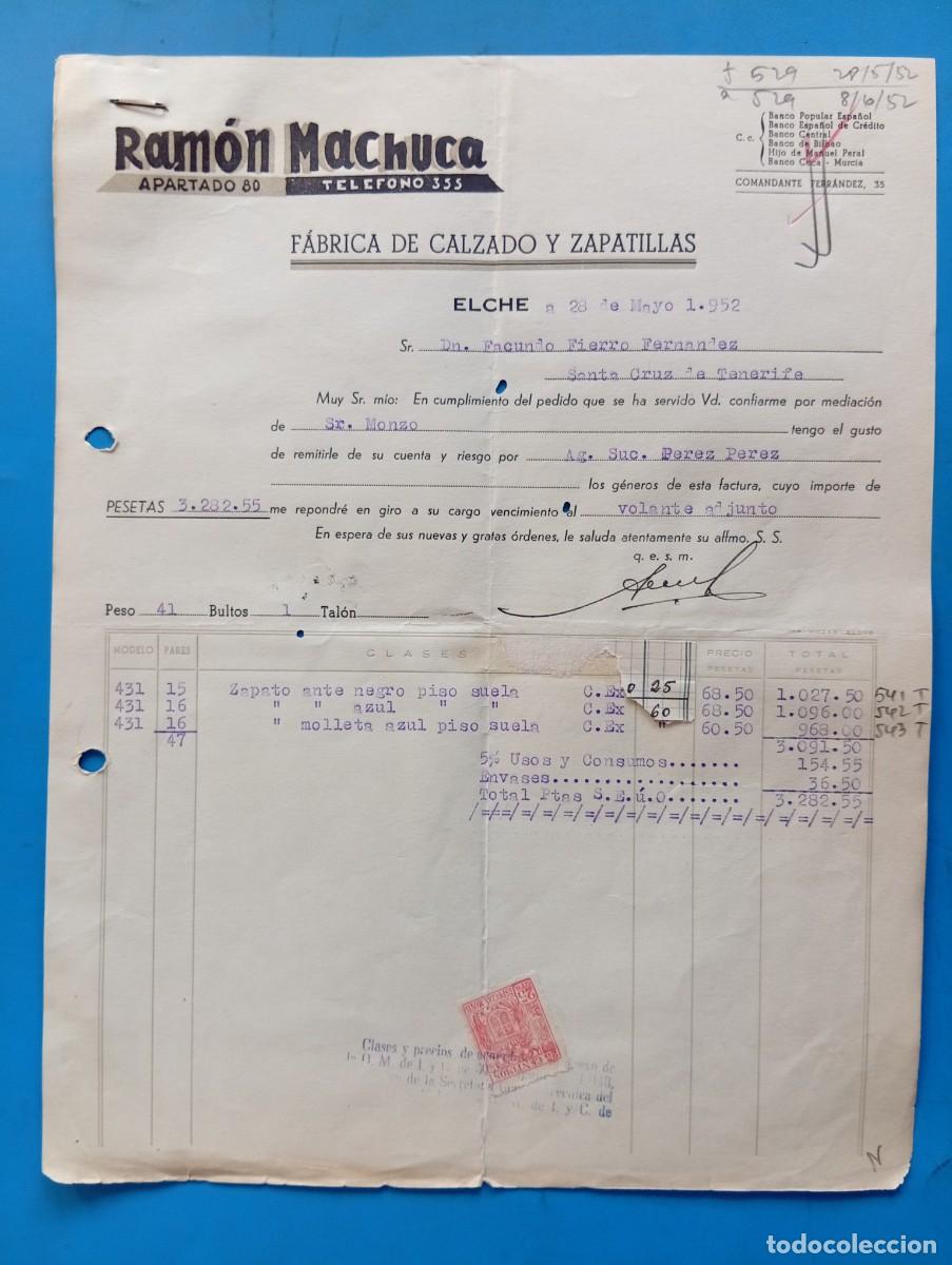 Facturas antiguas: FACTURA. ELCHE, ALICANTE. 1952. FABRICA DE CALZADO Y ZAPATILLAS. RAMON MACHUCA.
