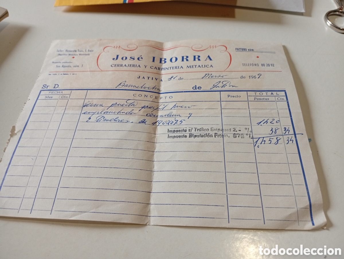 Facturas antiguas: Factura Jose Iborra, cerrajer&iacute;a y carpinter&iacute;a met&aacute;lica, J&Aacute;TIVA 1967