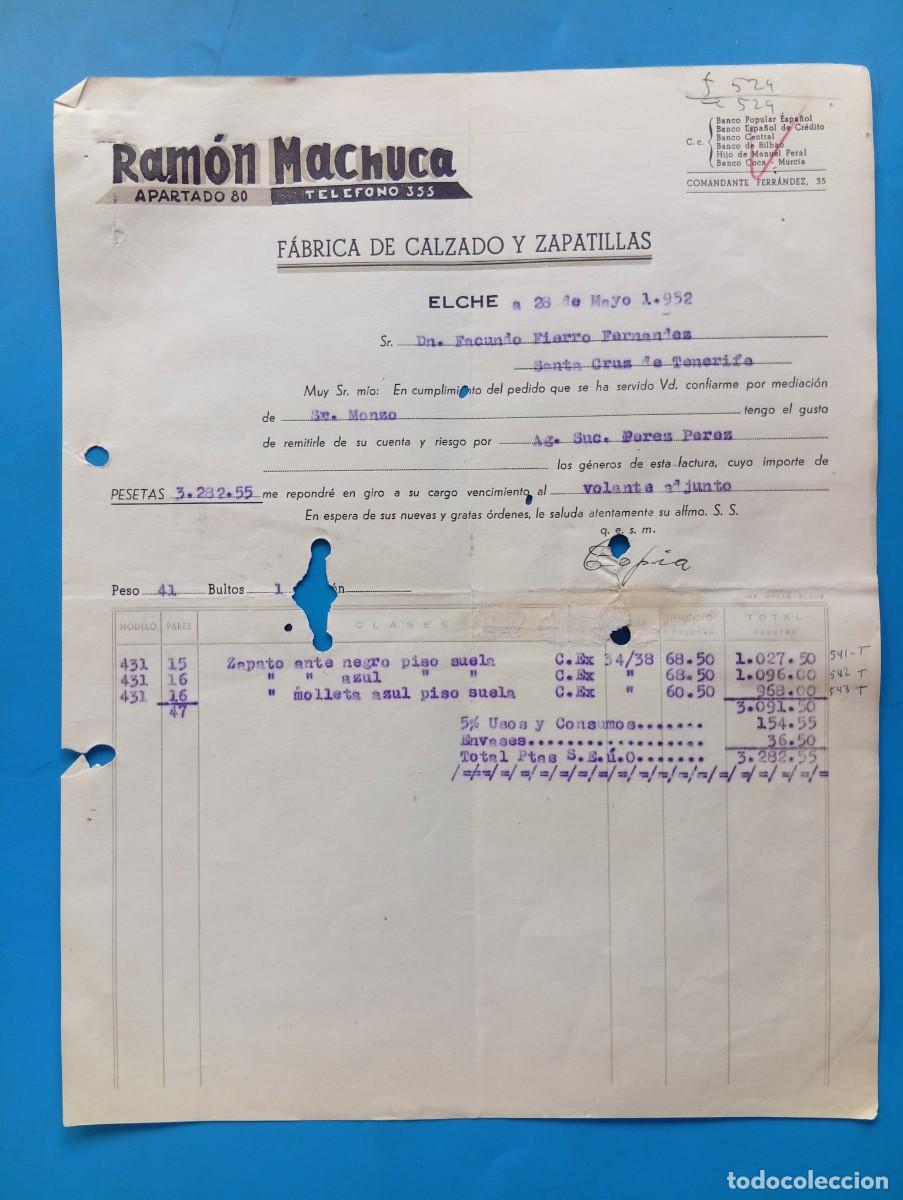 Facturas antiguas: FACTURA. ELCHE, ALICANTE. 1952. FABRICA DE CALZADO Y ZAPATILLAS. RAMON MACHUCA.