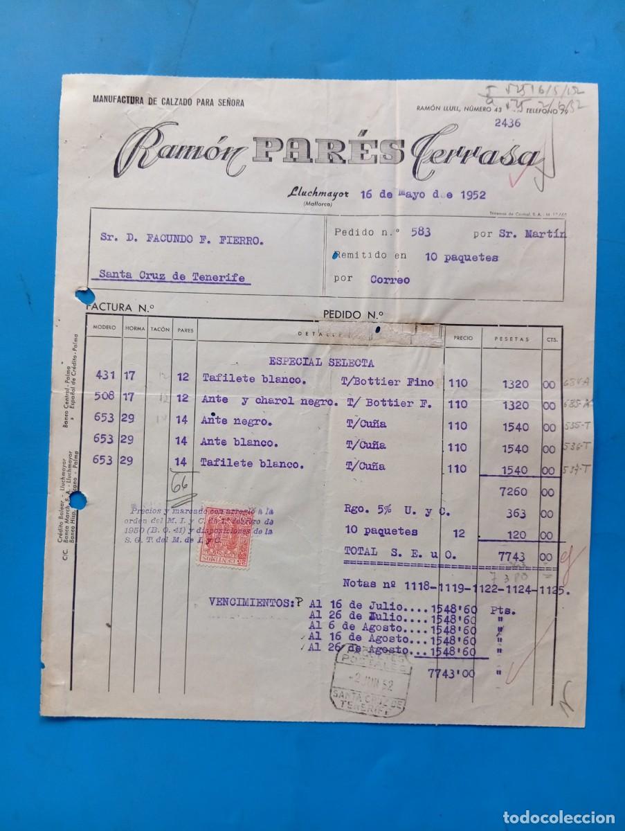 Facturas antiguas: FACTURA. LLUCHMAYOR, MALLORCA. 1952. MANUFACTURA DE CALZADO PARA SE&Ntilde;ORA. RAMON PAR&Eacute;S TERRASA.